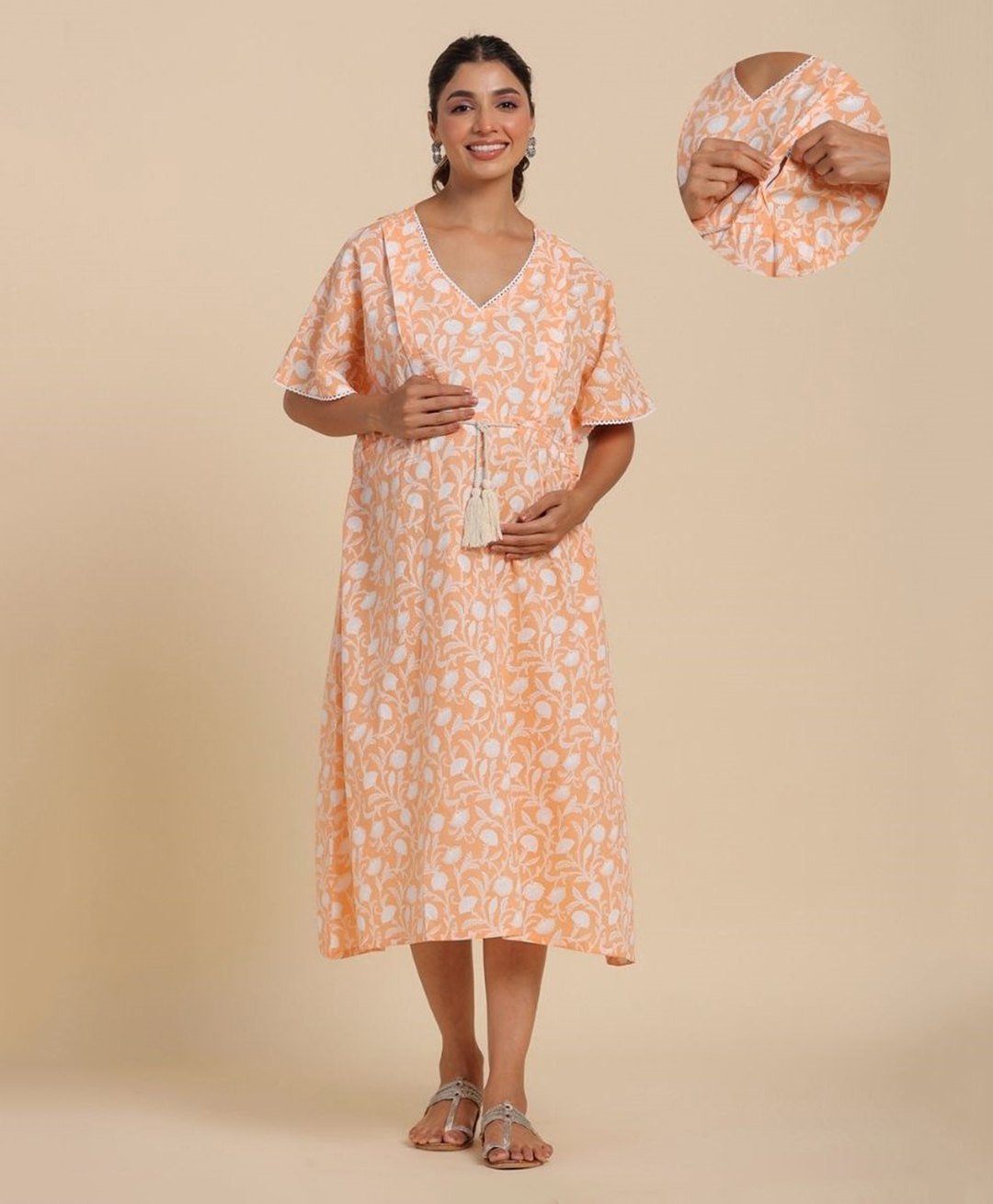 Ikk Kudi by Seerat Cotton Half Sleeves Floral Printed Dress With Concealed Zipper Nursing Access - Peach-picture-6