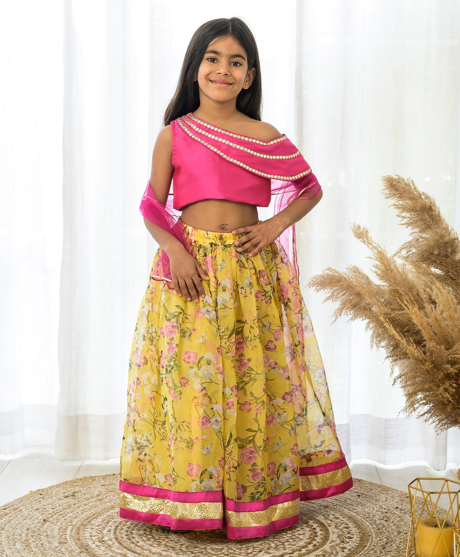 Fairies Forever Organza Sleeveless Mirror Embellished Choli With Floral Printed & Lace Detailed Lehenga - Pink & Yellow-picture-17