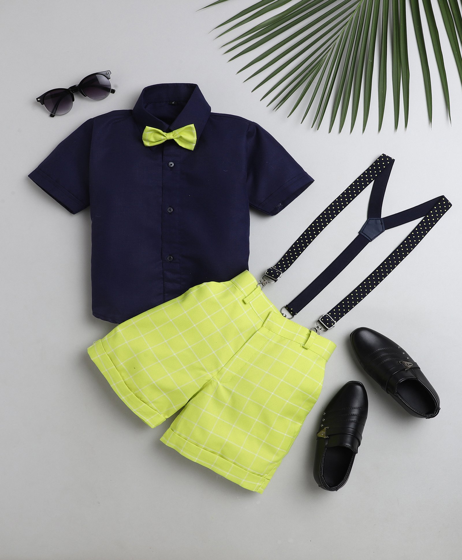 Jeet Ethnics Half Sleeves Solid Shirt With Checked Shorts Bow & Suspender Set - Yellow-picture-23