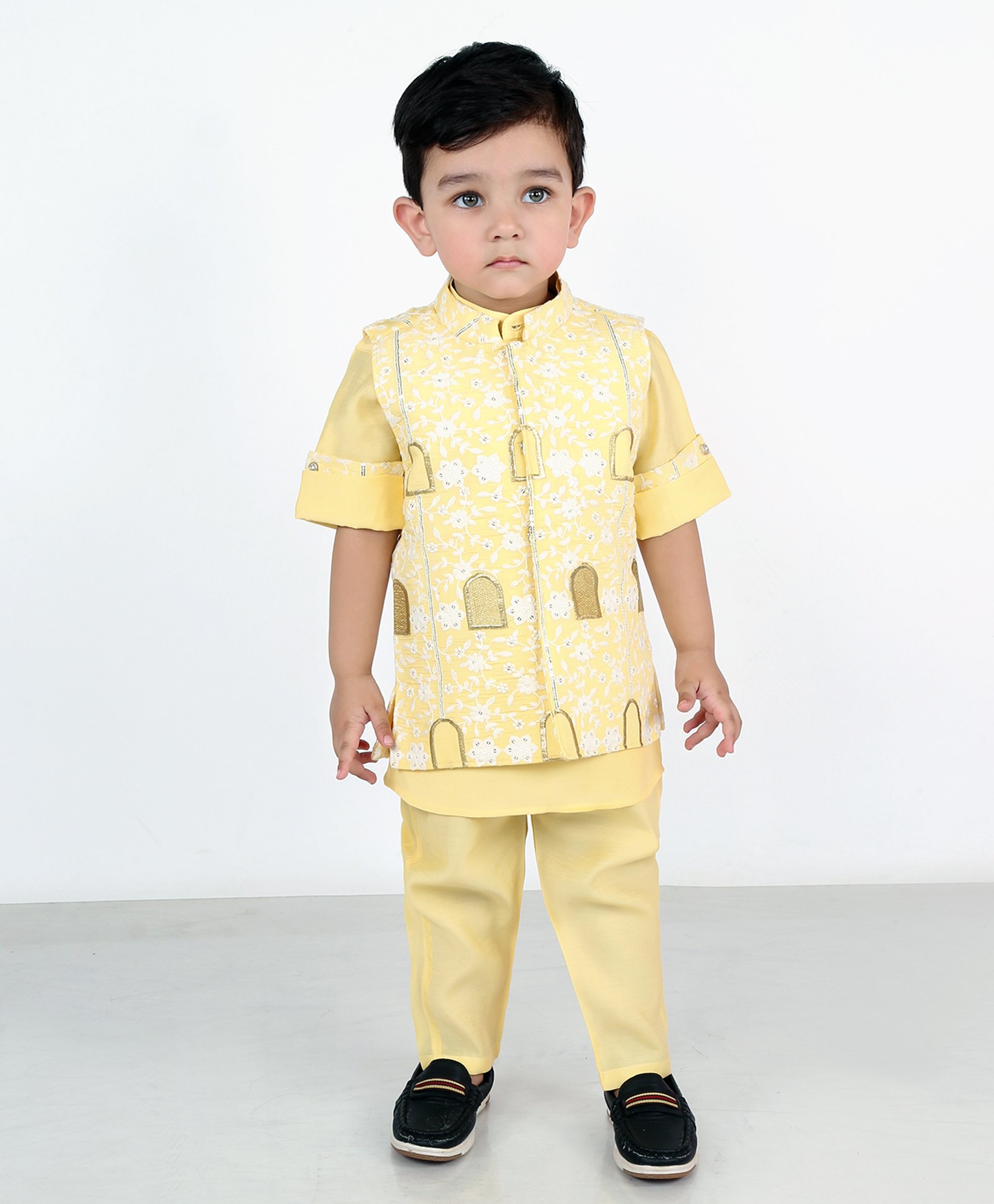 BAD BOYS REGAL CHARM: COTTON RAYON KURTA PAJAMA WITH EMBROIDERED NEHRU JACKET SET! N 1-2 Y YELLOW-image-5