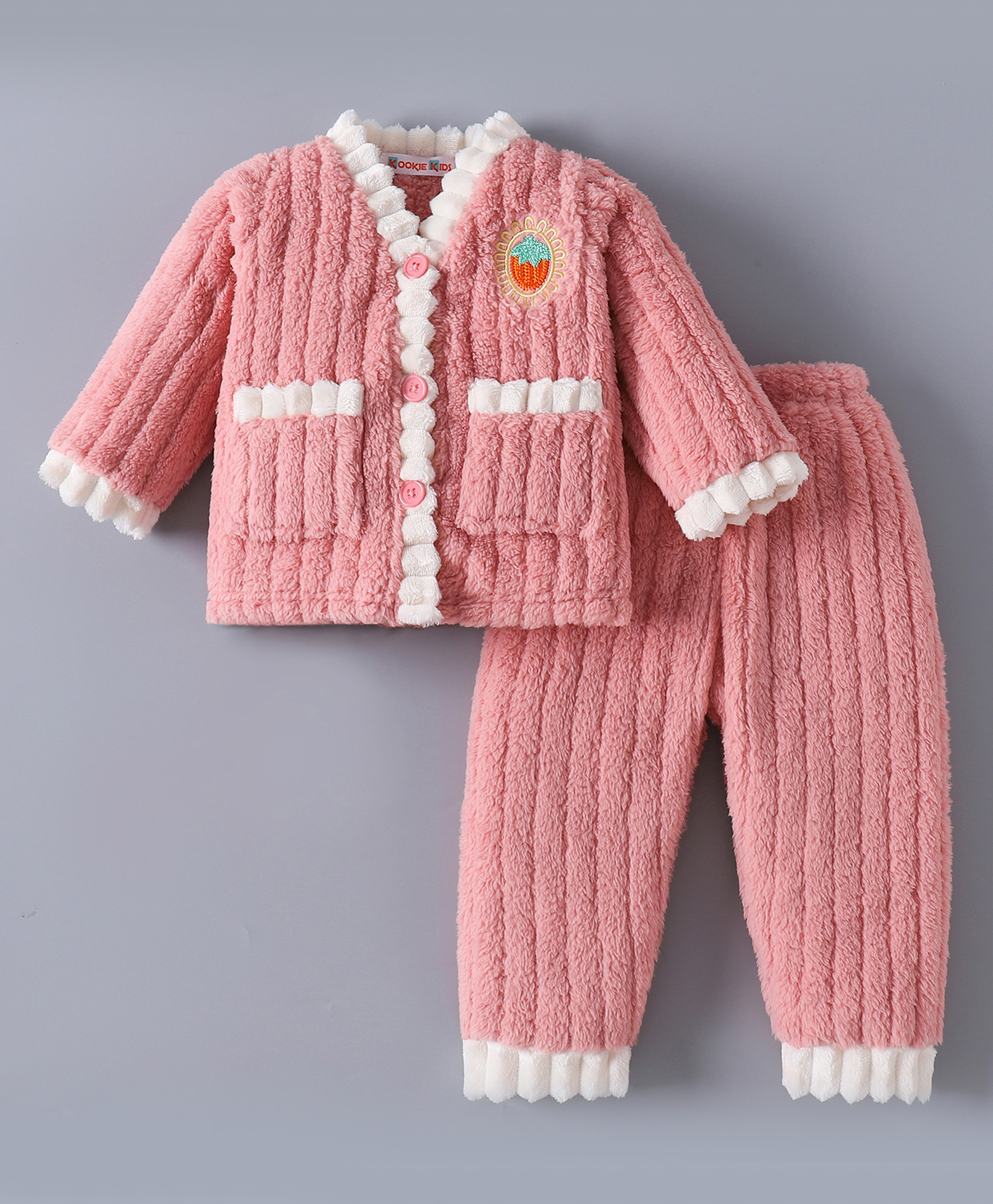 Kookie Kids Full Sleeves Front Open Winter Wear Nigth Suit With Berry Applqiue - Pink-image-37