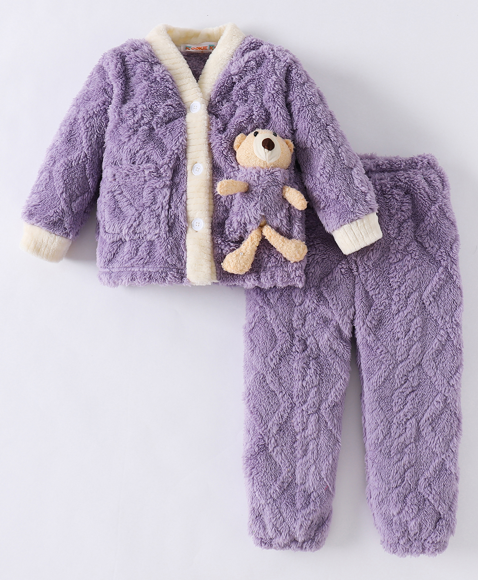 Kookie Kids Full Sleeves Front Open Winter Wear Night Suit With 3D Teddy Applique - Purple-image-44