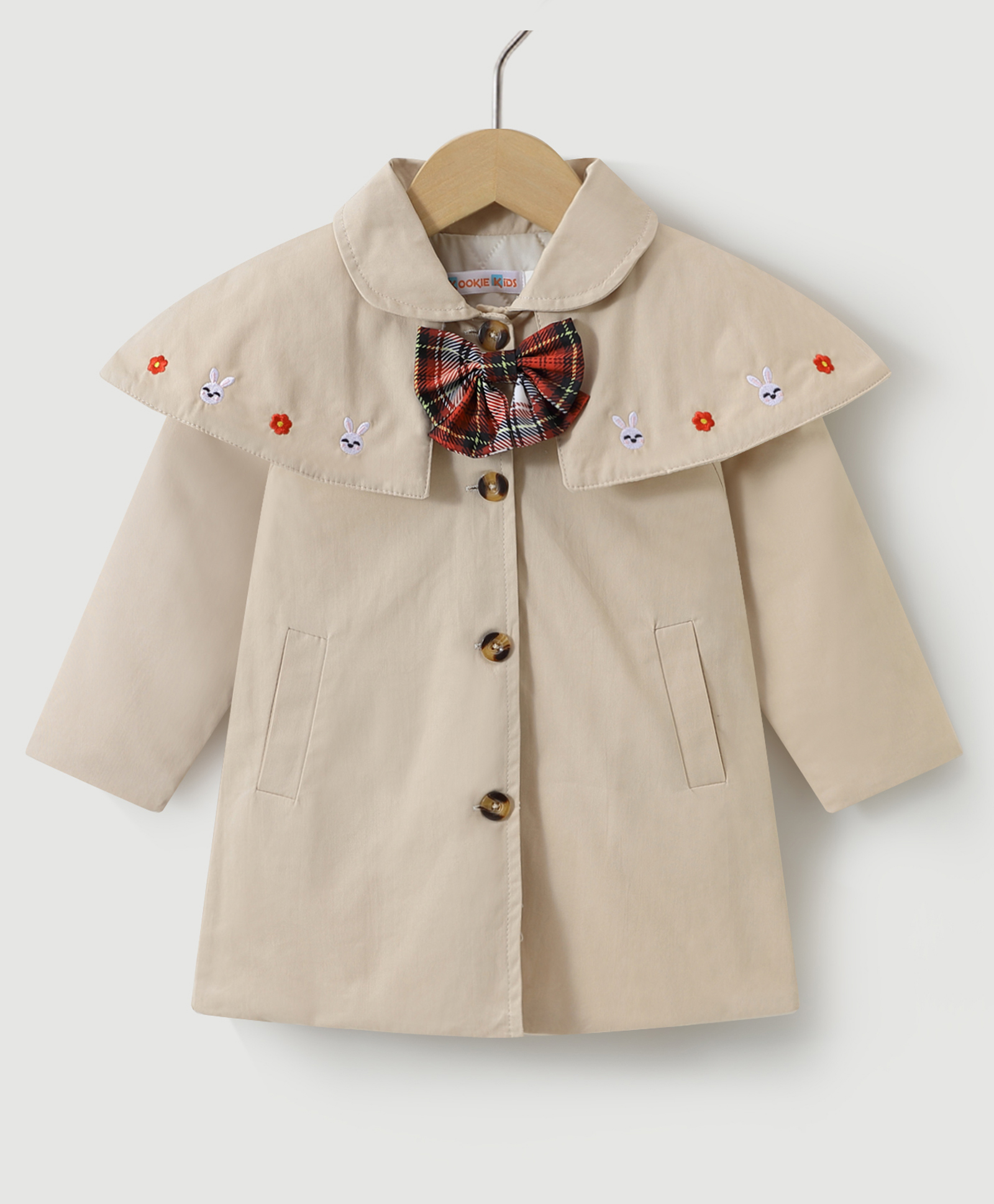 Kookie Kids Full Sleeves Front Open Collar Neck Trench Coat with Bow Applique - Beige-image-4