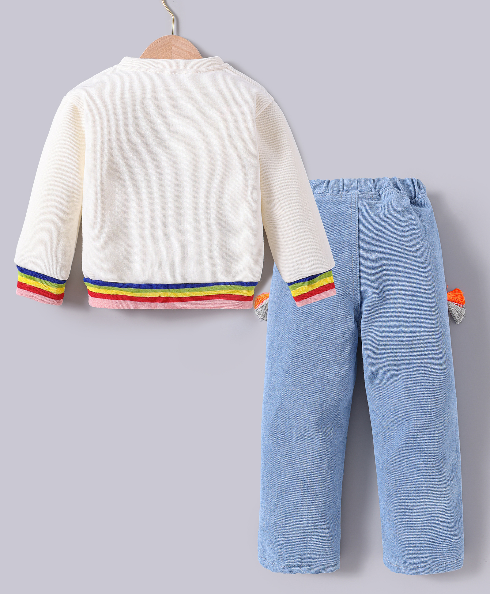 Kookie Kids Full Sleeves Winter T-Shirt & Jeans Set with Rainbow Theme Print - White-image-32