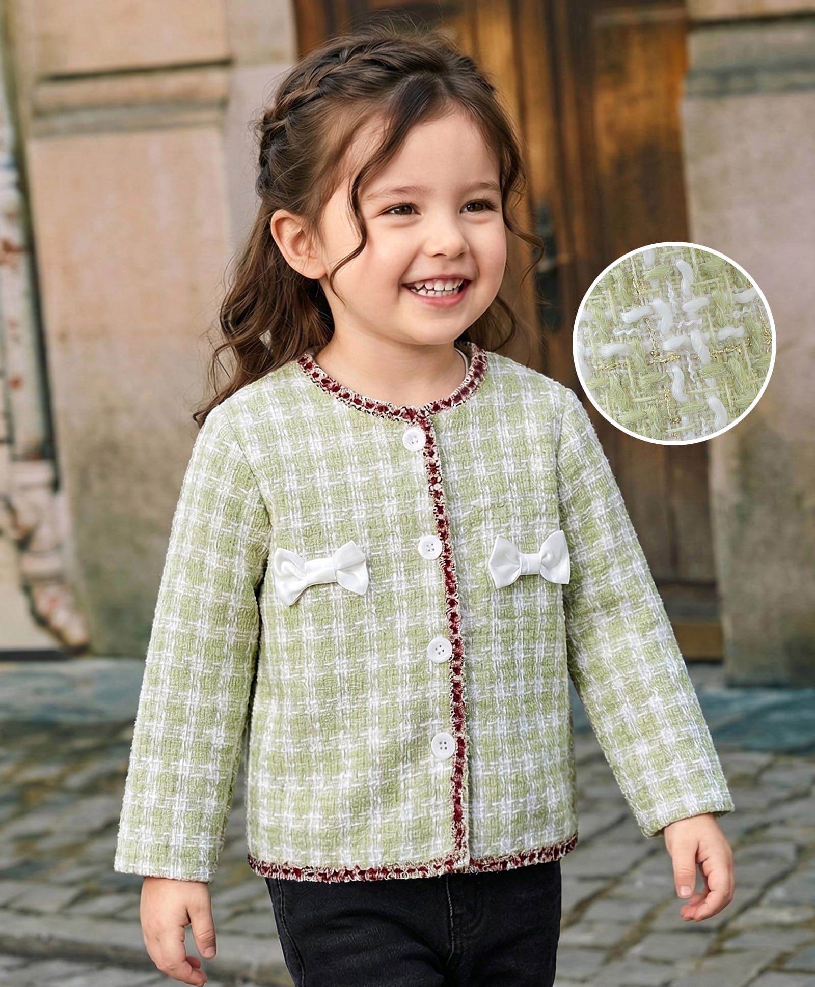 Kookie Kids Full Sleeves Checkered Winter Jacket with Bow Applique - Green-image-21