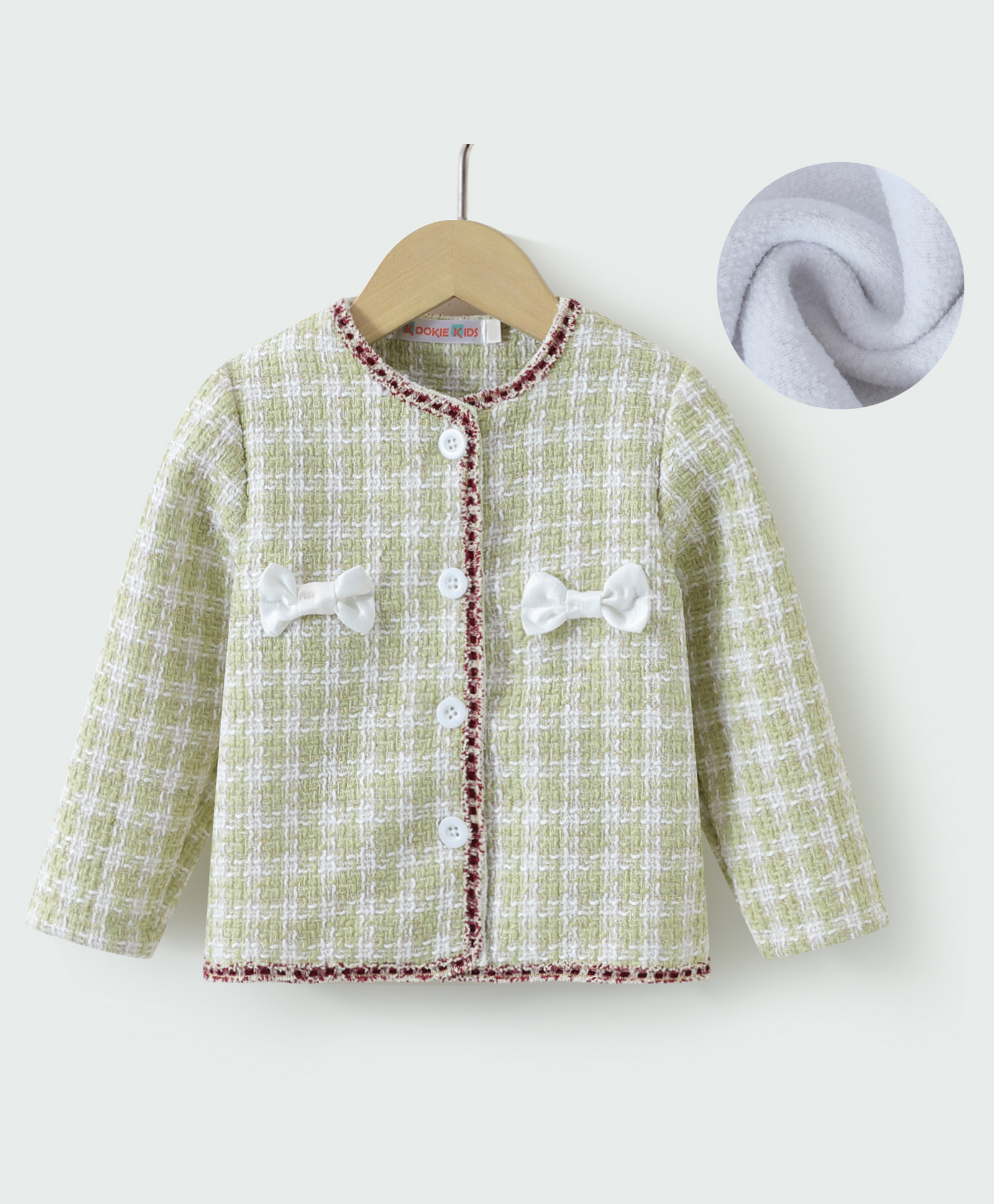 Kookie Kids Full Sleeves Checkered Jacket with Bow - Light Green-picture-25