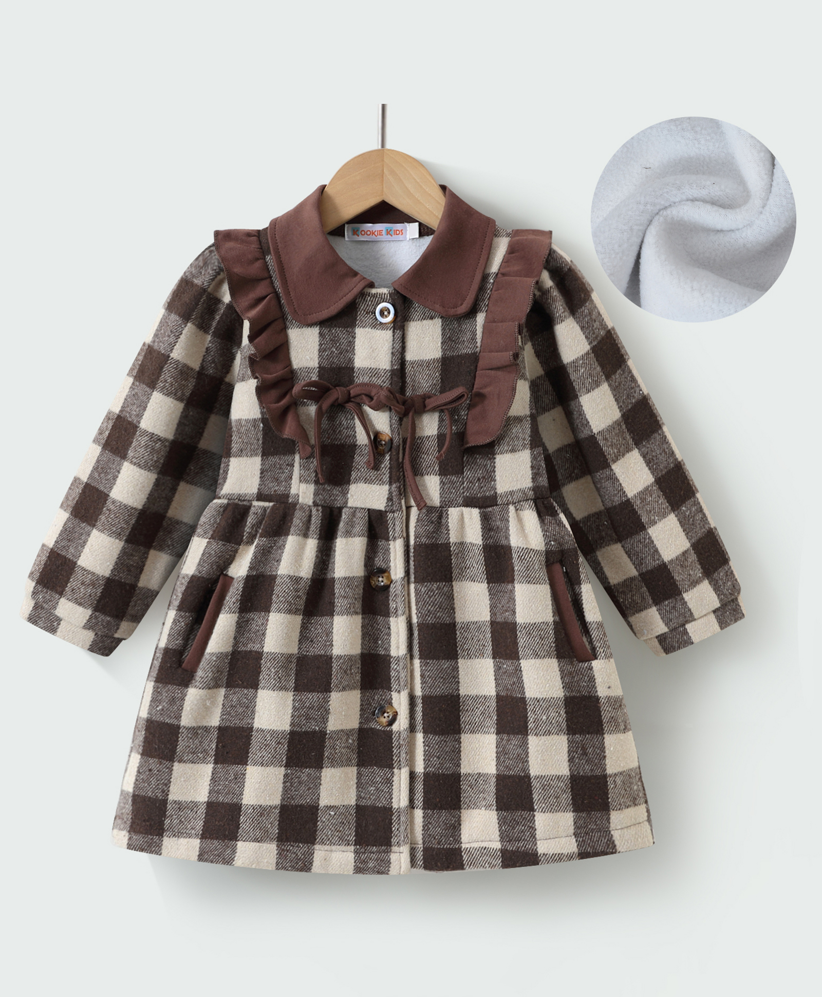 Kookie Kids Full Peasant Sleeves Checkered Winter Jacket with Frill Detailing - Brown-image-38