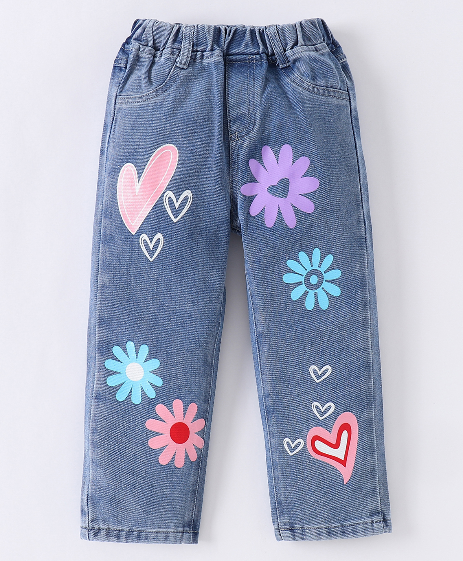 Kookie Kids Full Length Heart & FloralPrinted WashedDenim Jeans -Blue-picture-18