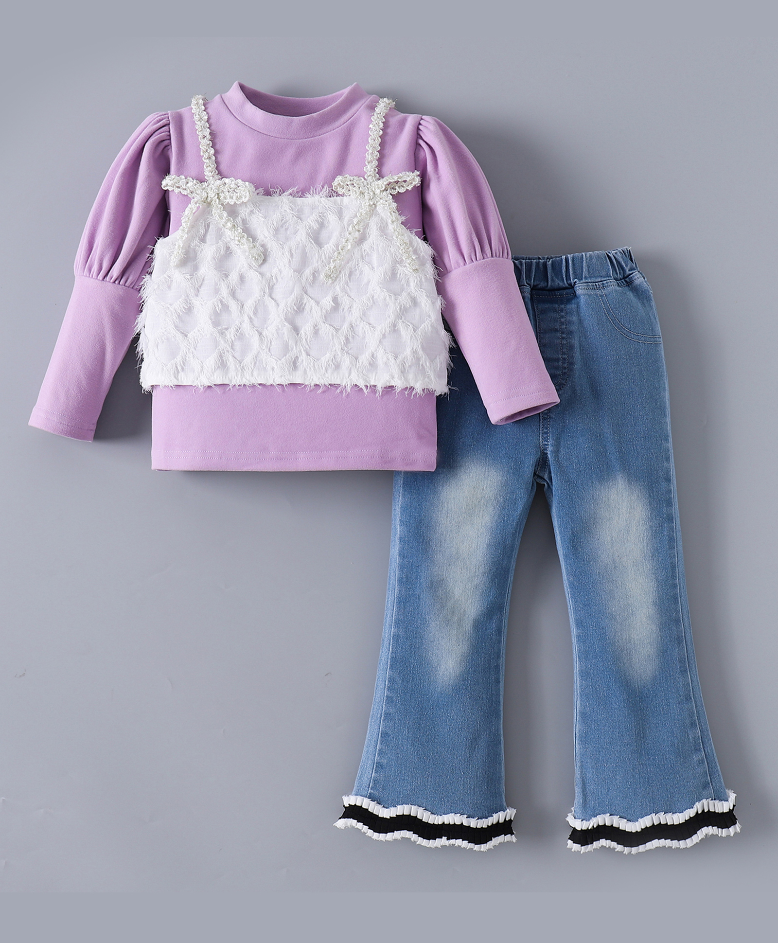 Kookie Kids Full Sleeves Solid Colour Winter Wear Top & Jeans Set with Fur DetailedBow AppliqueVest- Lilac-image-11