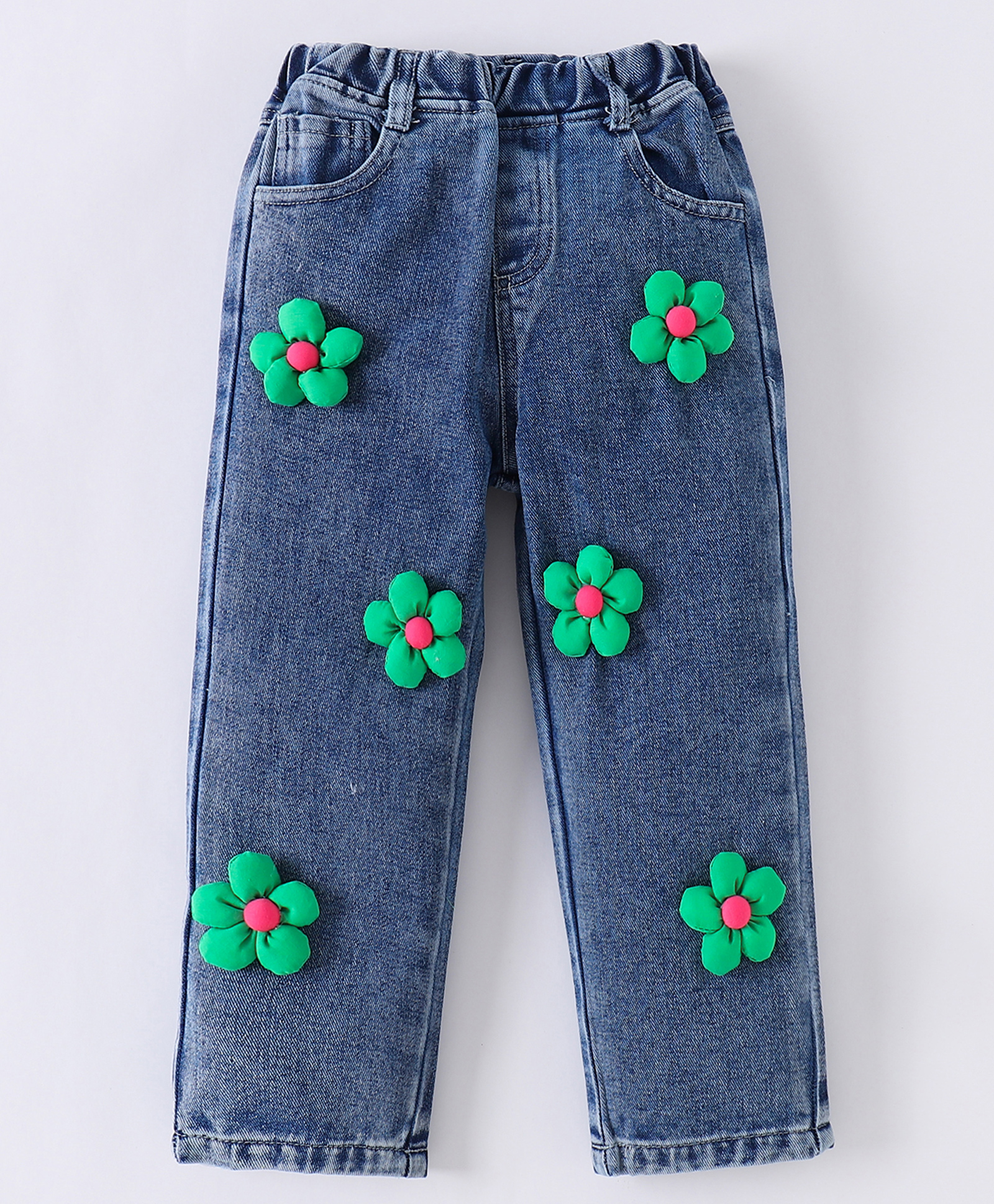 Kookie Kids Denim Full Length Washed Jeans With Floral Applique - Blue-picture-26