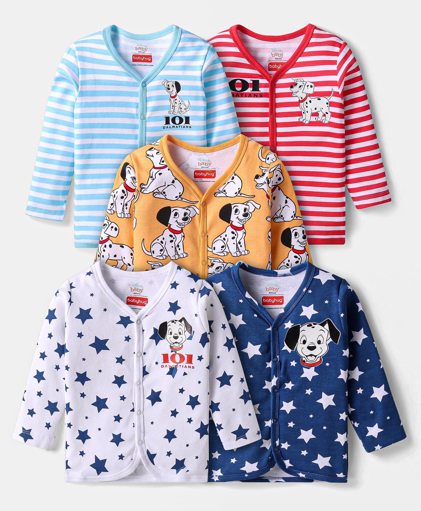Babyhug Disney Cotton Knit Full Sleeves Front Open Jhablas With Stripes & 101 Dalmatians Graphics Pack of 5 - White Blue & Orange-image-33