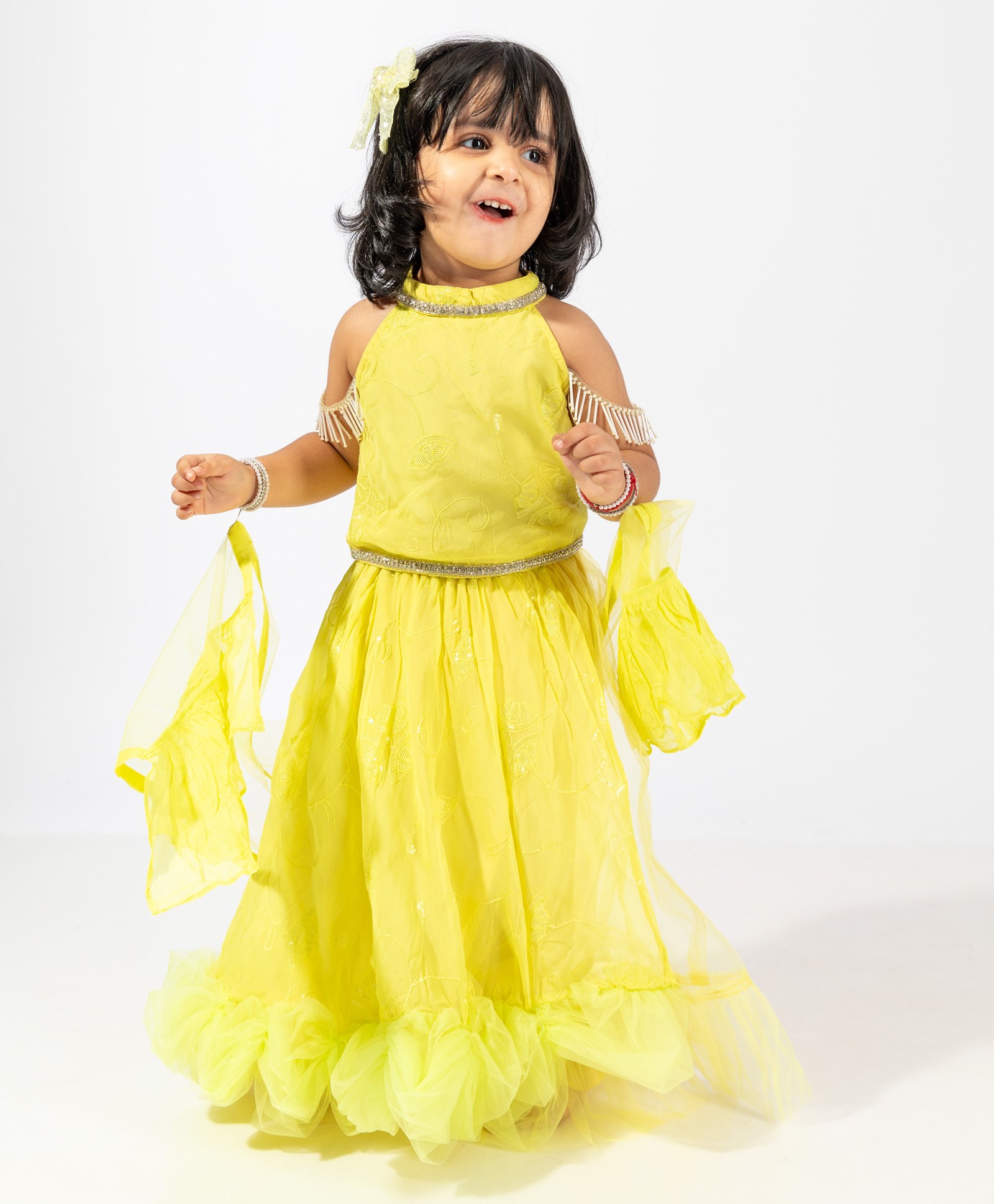 Elaisha Cold Shoulder Floral Embroidered Top  & Ruffled Layered Lehenga With Net Dupatta Set - Lemon Yellow-image-11