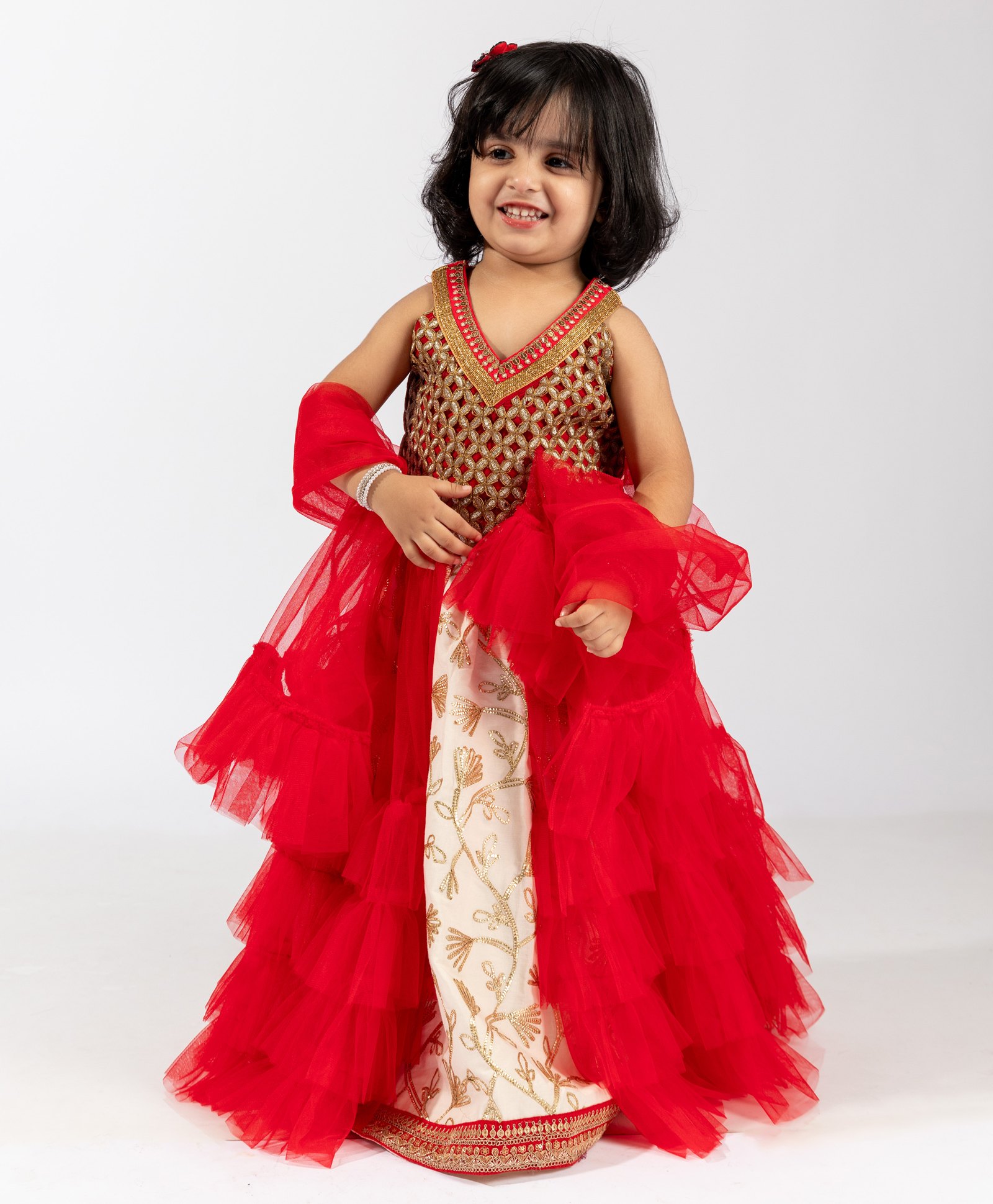 Elaisha Sleeveless Floral Embroidered Top & Lehenga with Ruffled Dupatta Set  - Red & Off White-image-10