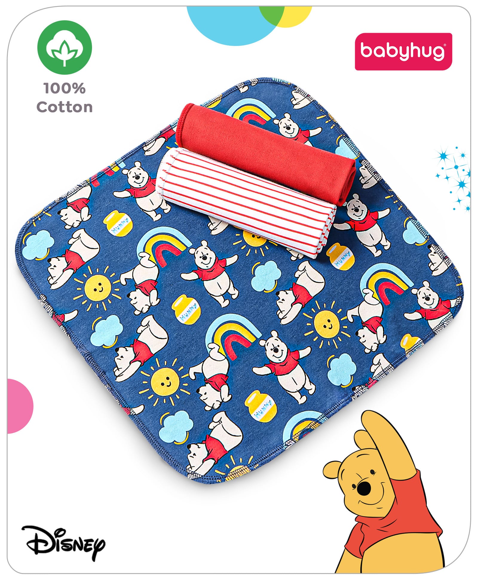 Babyhug Disney Winnie The Pooh Print Hand and Face Towels Pack of 3 - Navy & Red-image-39