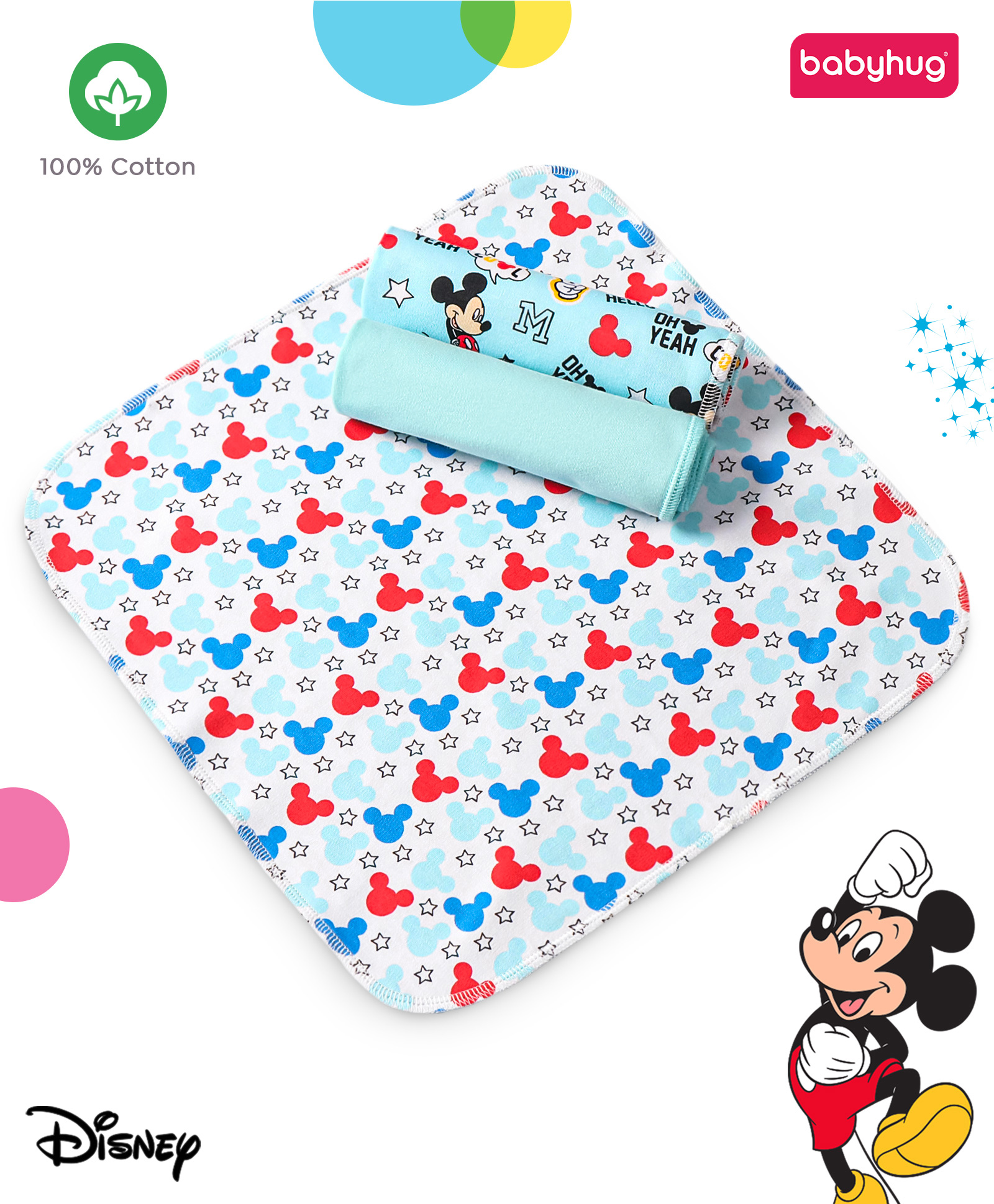 Babyhug Disney Mickey Mouse Print Hand and Face Towels L 30 x B 30 cm Pack of 3 - Turquoise-image-34