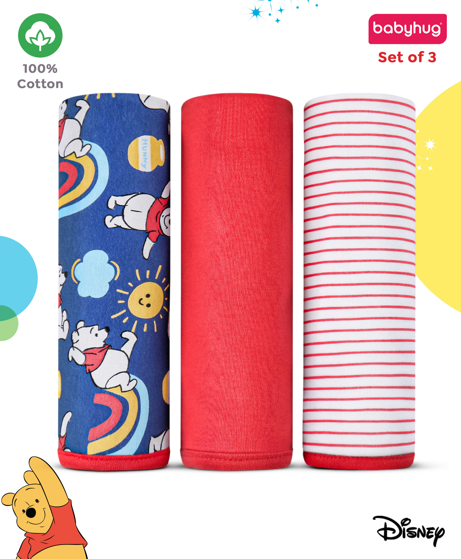 Babyhug Disney Winnie The Pooh Print Wrapper Pack of 3 - Navy & Red-image-7