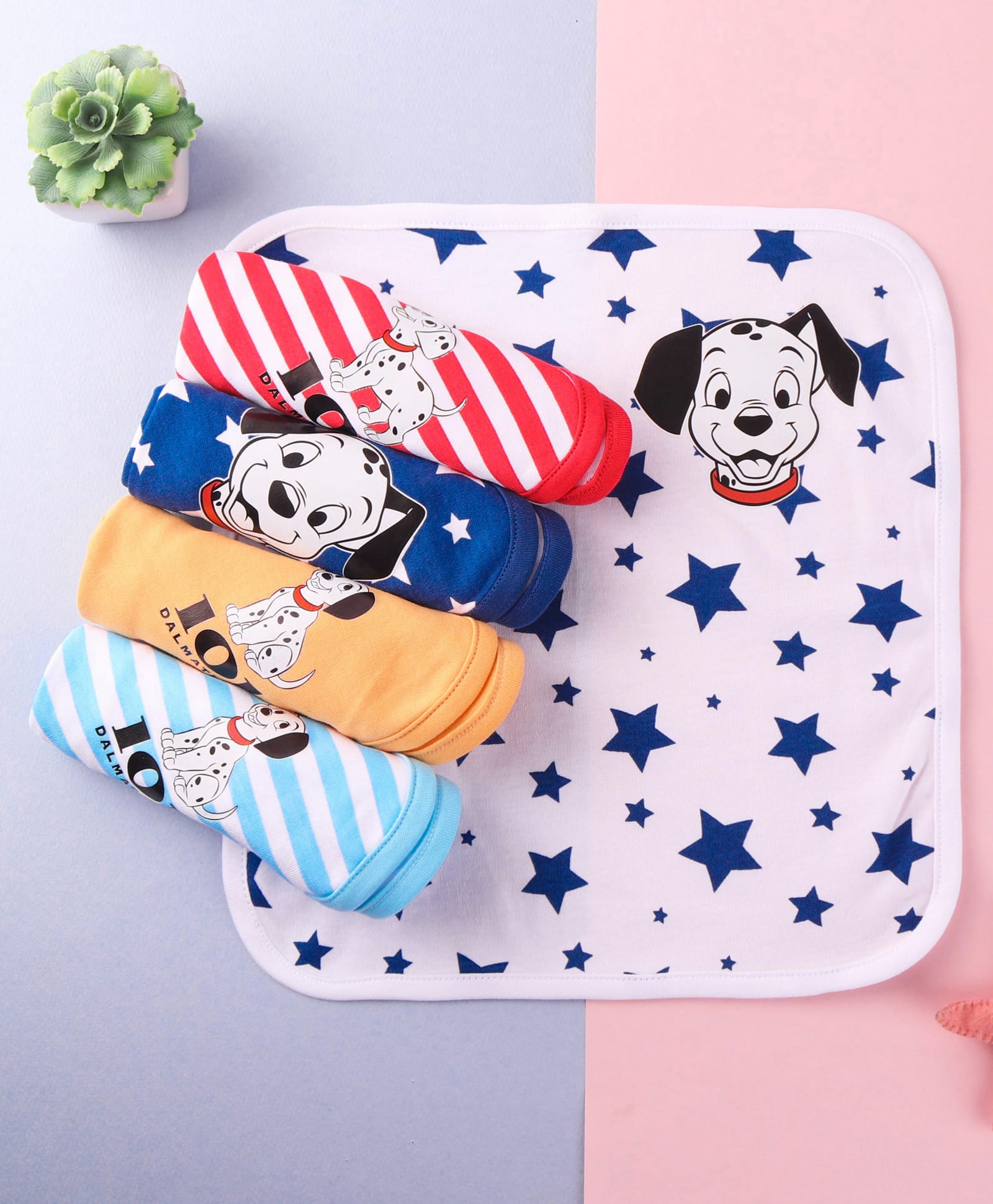 Babyhug Disney Cotton Interlock Kint Hand & Face Towels with 101 Dalmatians Graphics L 30 x H 30 cm Pack Of 5 - Red White & Blue-picture-48