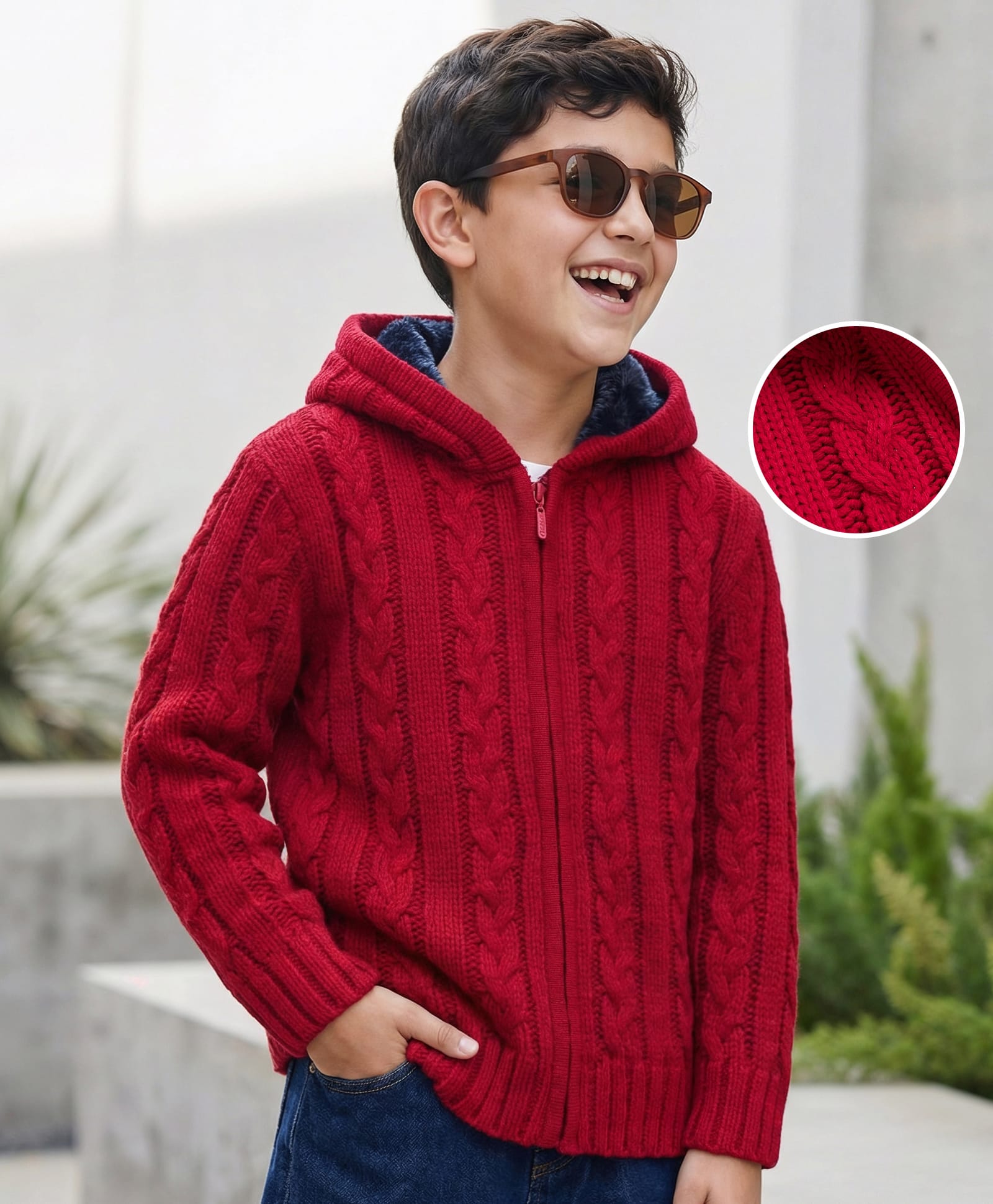 Pine Kids Knitted Full Sleeves Hooded Front Open Sweater with Cable Knit Design - Dark Red-picture-40
