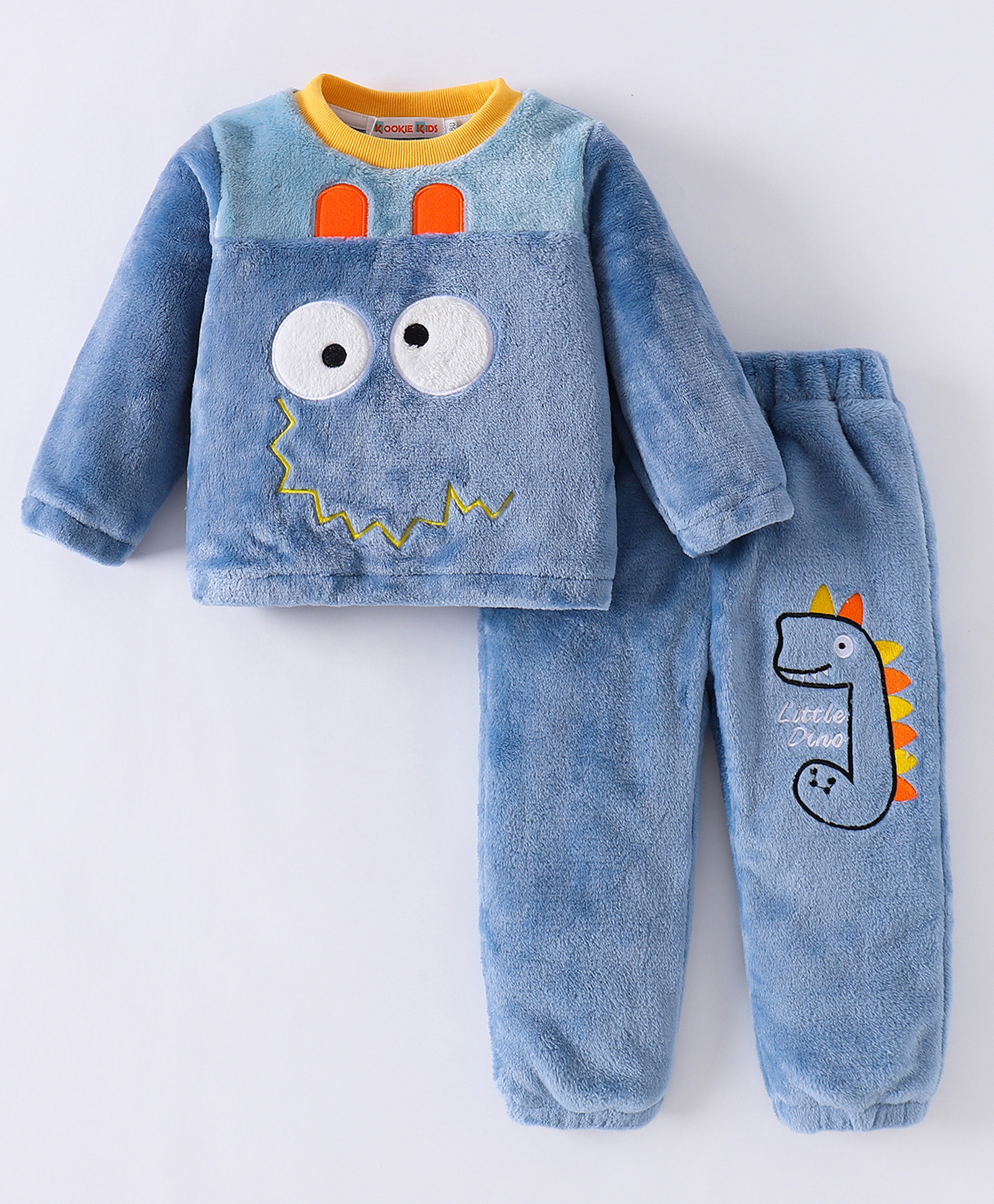 Kookie Kids Full Sleeves T-Shirt & Lounge Pants Winter Wear Set With Dino Embroidery - Blue-picture-34