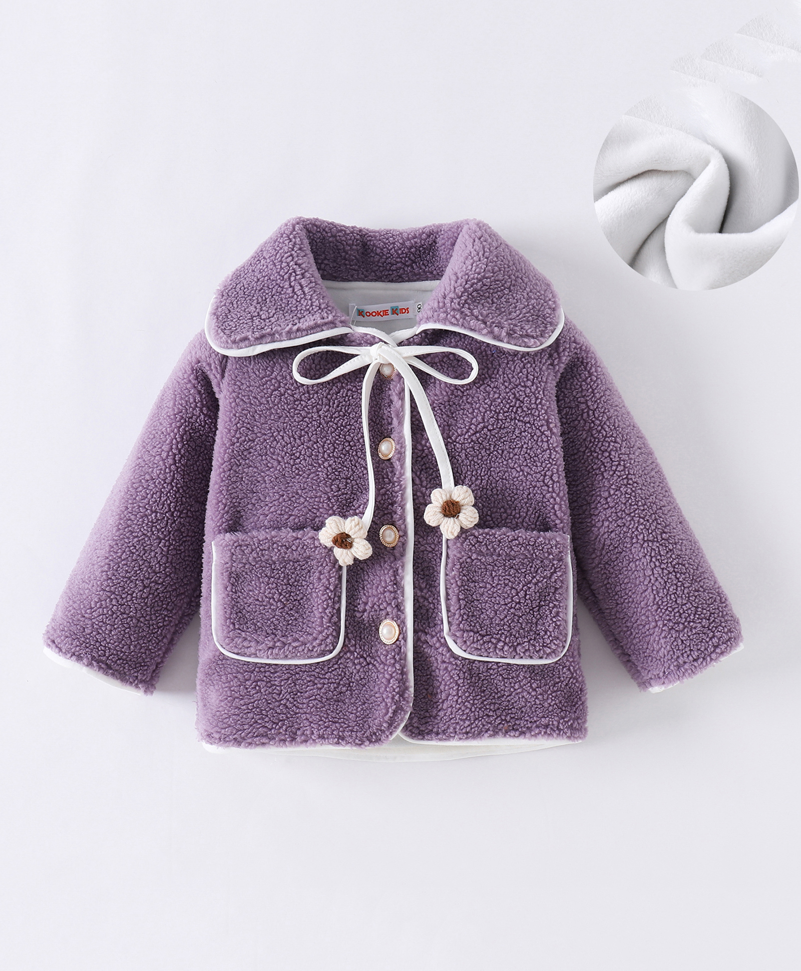 Kookie Kids Full Sleeves Winter Wear Collared Fur Jacket with Floral Draw Coard & Pockets - Lilac-picture-10