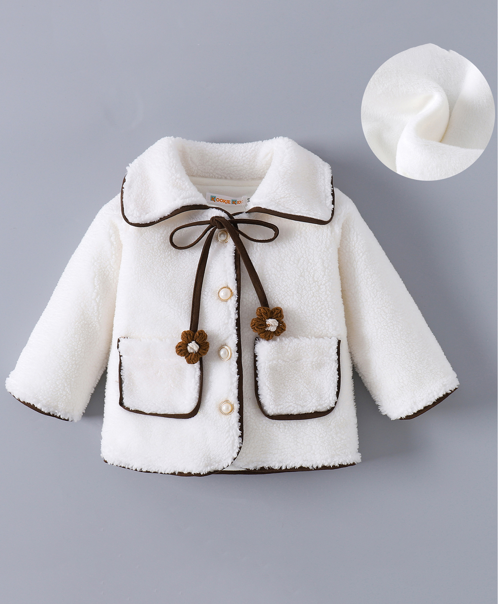 Kookie Kids Full Sleeves Winter Wear Collared Fur Jacket with Floral Draw Coard & Pockets - White-picture-11