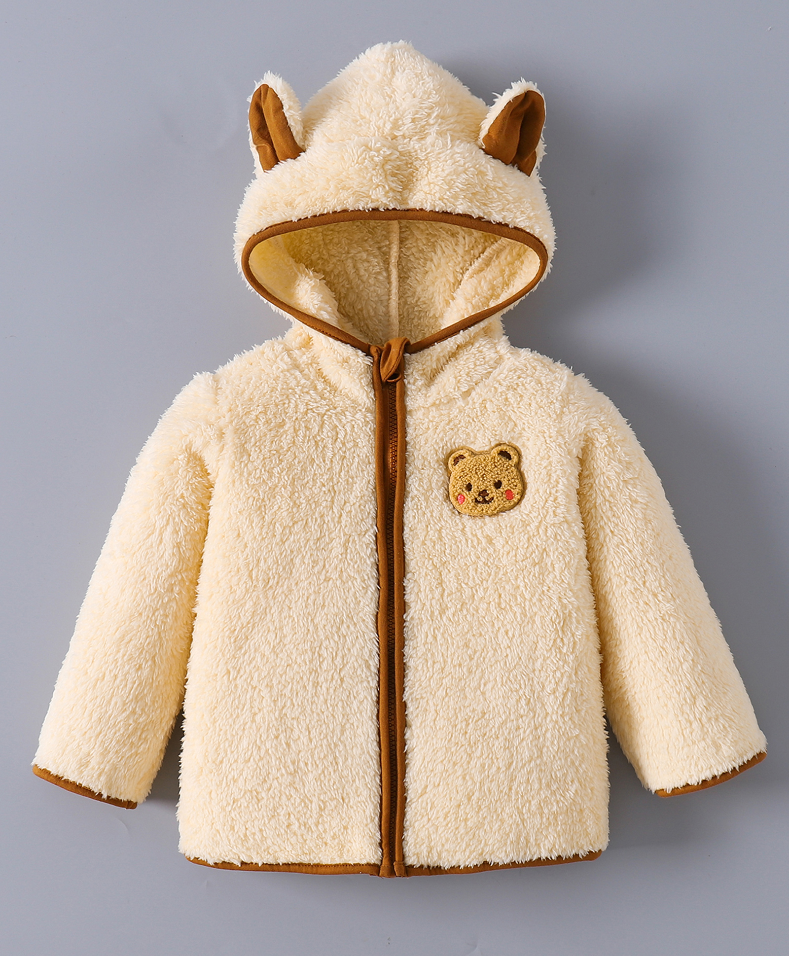 Kookie Kids Full Sleeves Hooded Fur Jacket With Bear Embroidery & Ears Applique - Beige-image-31