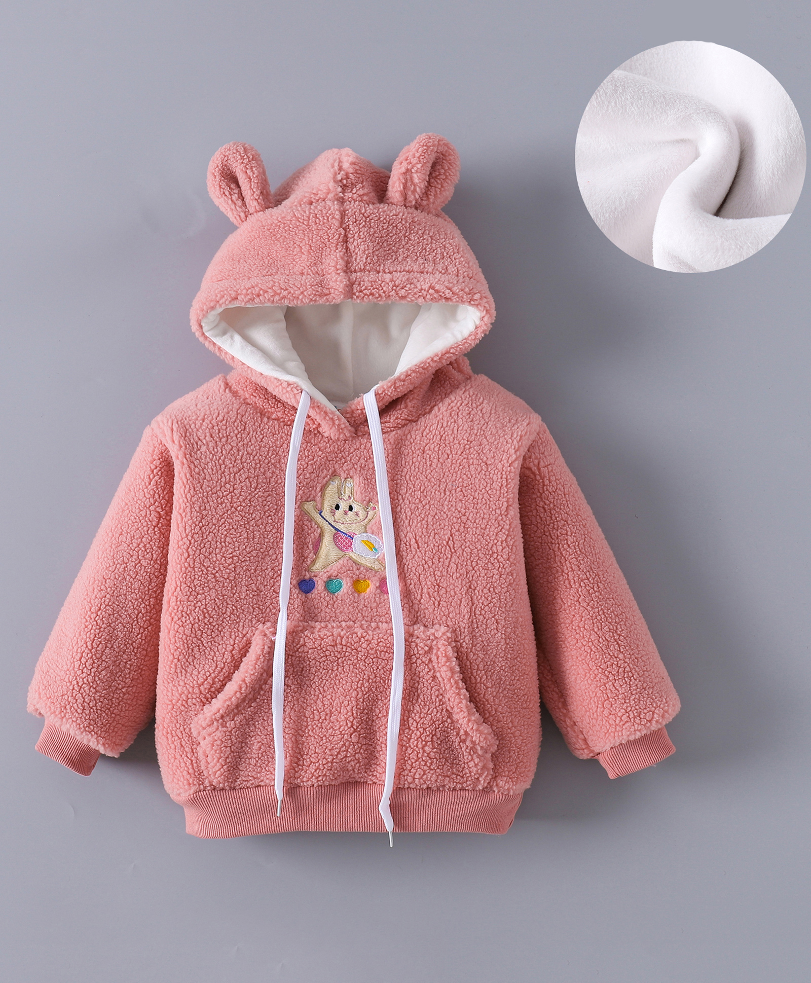 Kookie Kids Full Sleeves Hooded Fur Jacket With Rabit Embroidery Ears Applique & Kangaroo Pockets - Pink-image-25