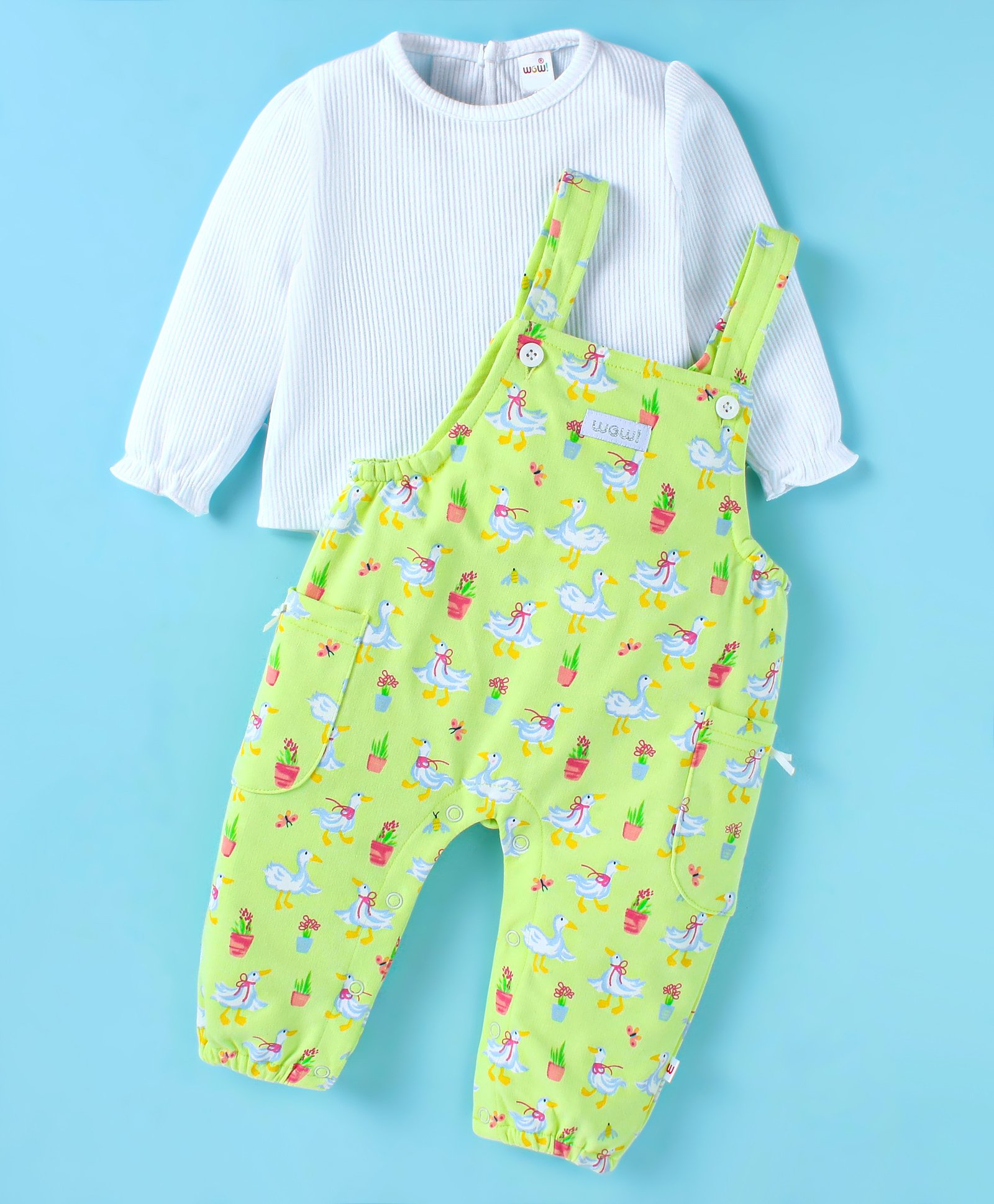 WOW Interlock Knit Full Sleeves Solid Color T-Shirt with Swan Printed Dungaree - Lime Green-picture-14