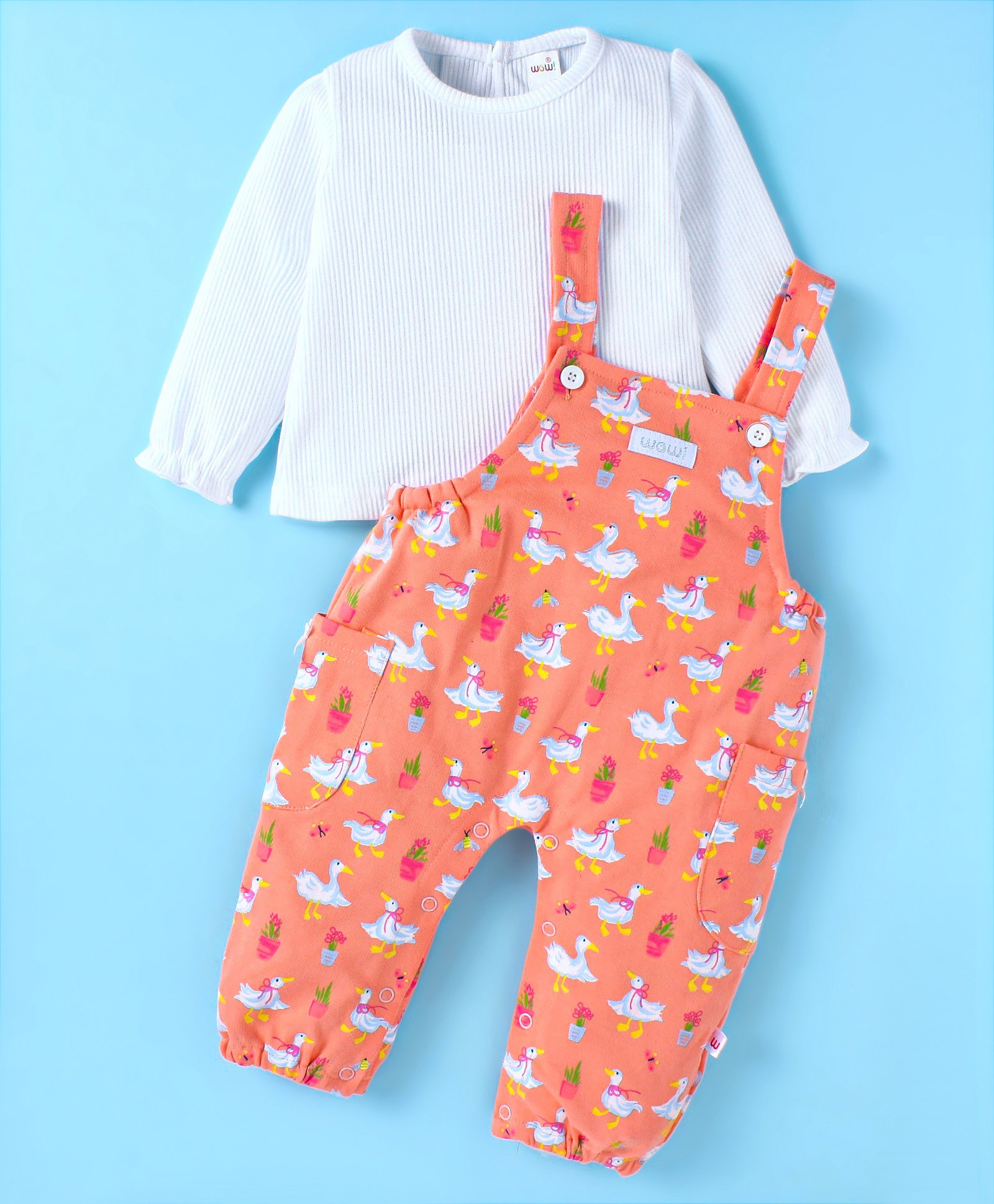 WOW Interlock Knit Full Sleeves Solid Color T-Shirt with Swan Printed Dungaree - Dark Peach-image-16