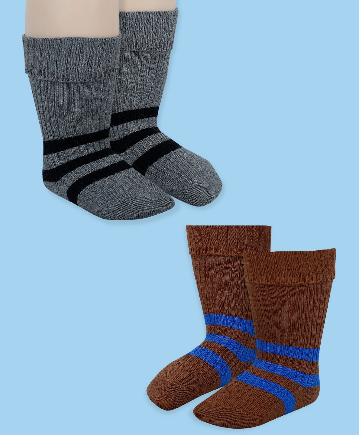 Baby Moo Pack Of 2 Striped Anti Skid Socks  -  Brown  Grey-picture-24