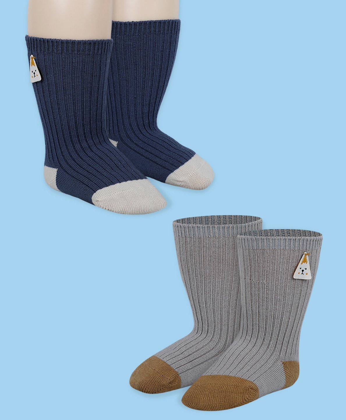 Baby Moo Pack of 2 Cotton Animal Applique Detailed Ribbed Soft Socks - Grey & Blue-picture-43