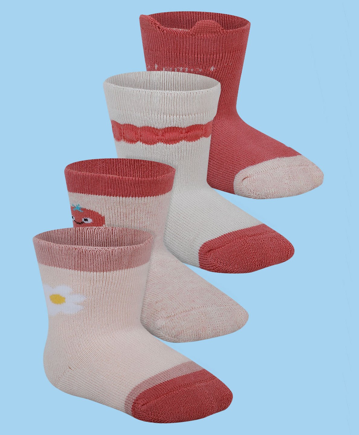 Baby Moo Pack Of 4 Tomato Printed  Anti Skid Socks - Red & Peach-picture-25