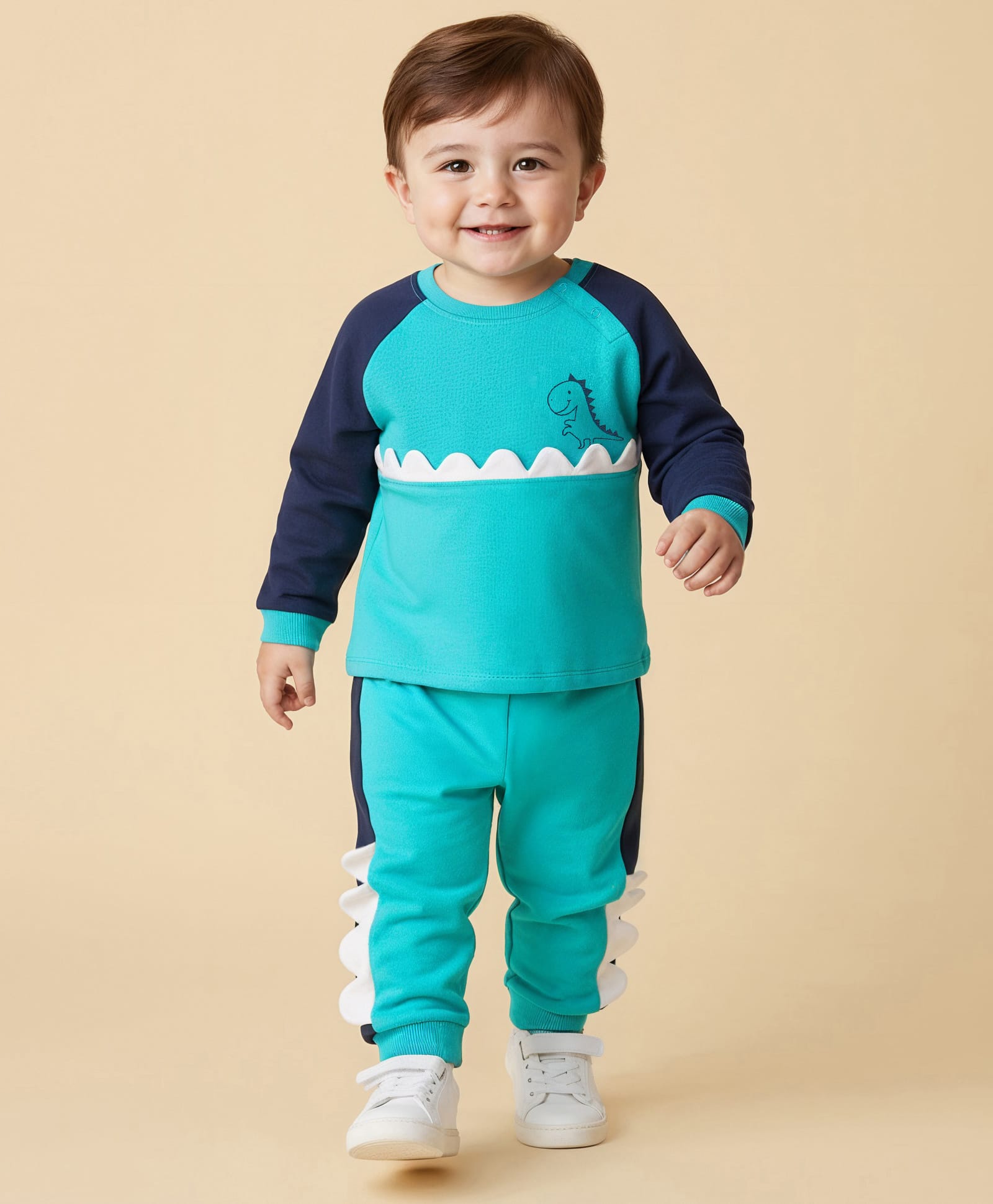 Babyoye Cotton Knit Raglan Sleeves T-Shirt & Lounge Pants Winter Wear Set With Dino Print - Turquoise-image-3