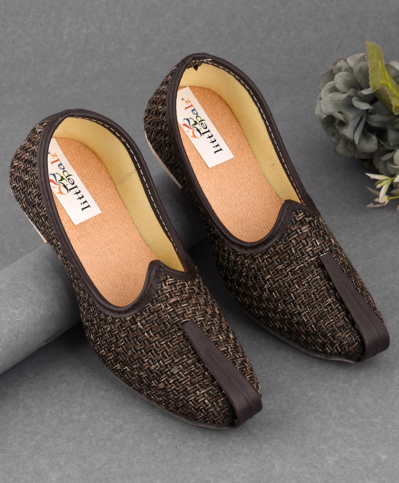 Little Palz Intricate Weave Self Textured Mojaris - Dark Brown-image-8