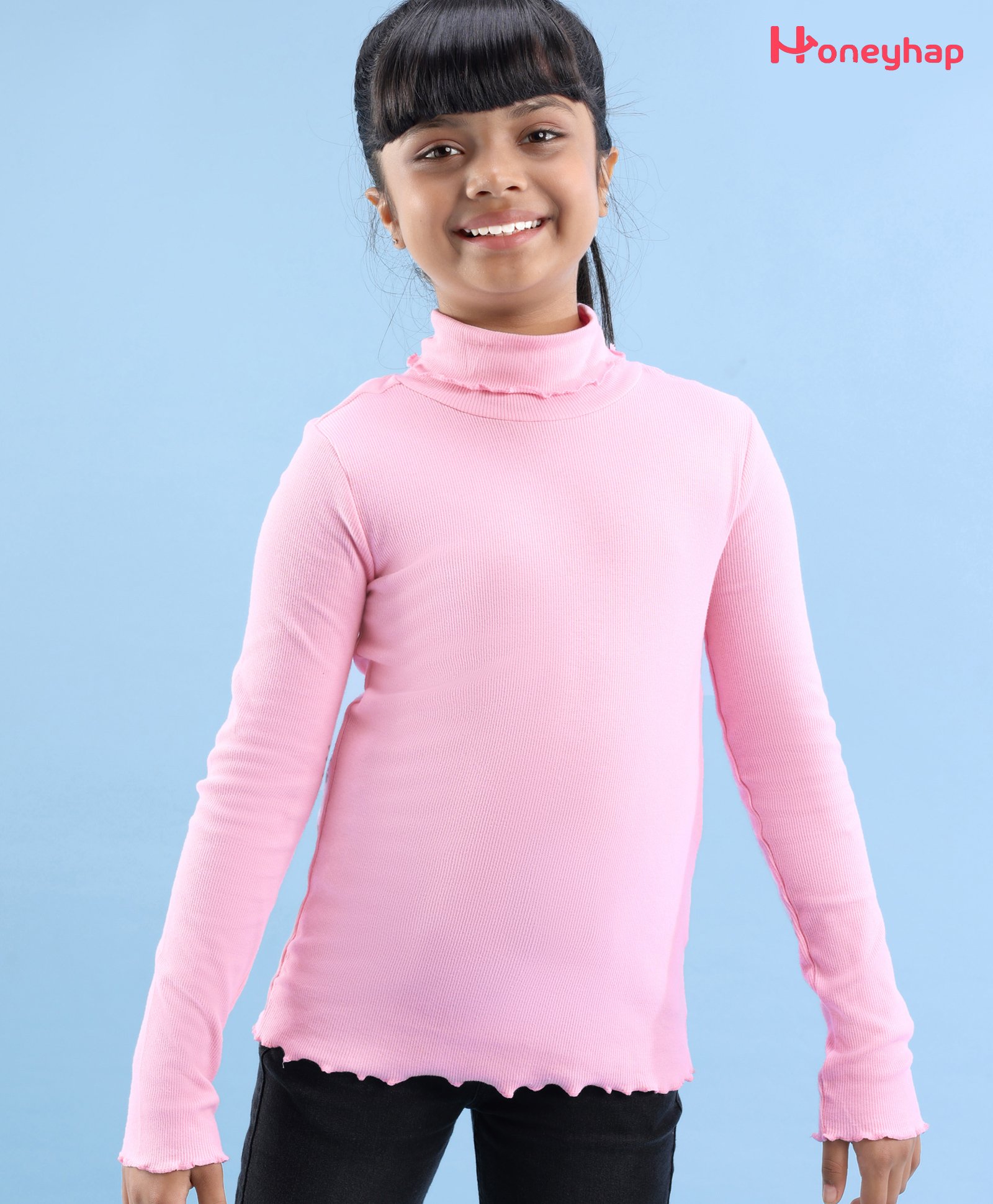 Honeyhap Premium Cotton Elastane Rib & Full Sleeves Solid Colour Top with Bio Finish - Pink-picture-27