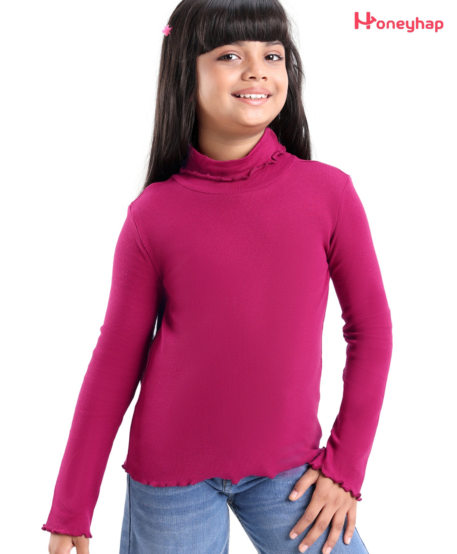 Honeyhap Premium Cotton Elastane Rib & Full Sleeves Solid Colour Top with Bio Finish - Anemone Maroon-picture-19