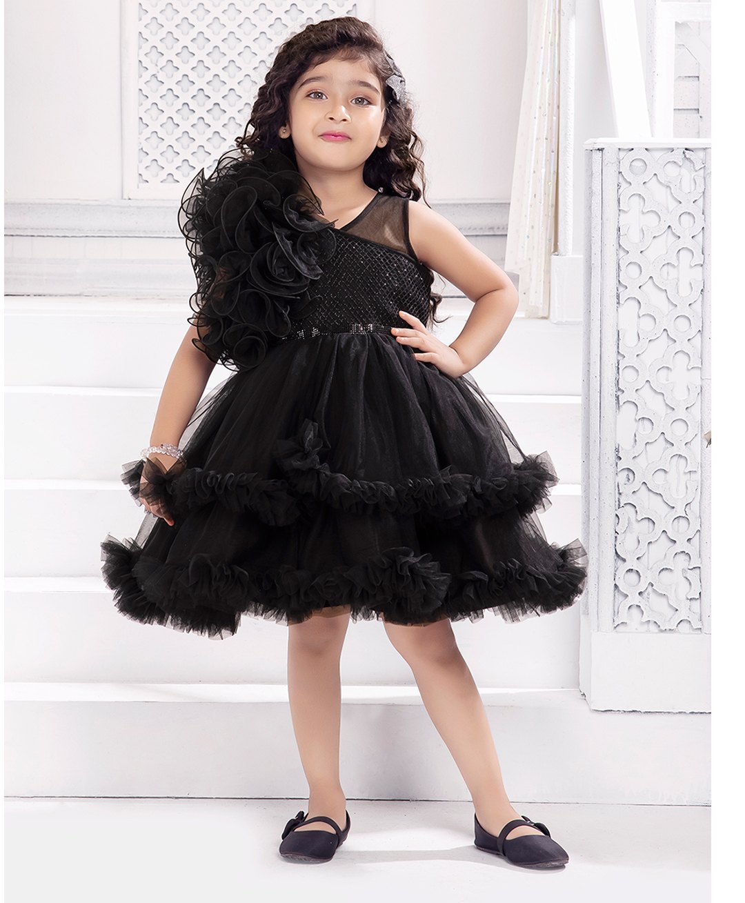 Ministitch Sleeveless Floral  Detailed & Shimmered Layered Dress - Black-image-36