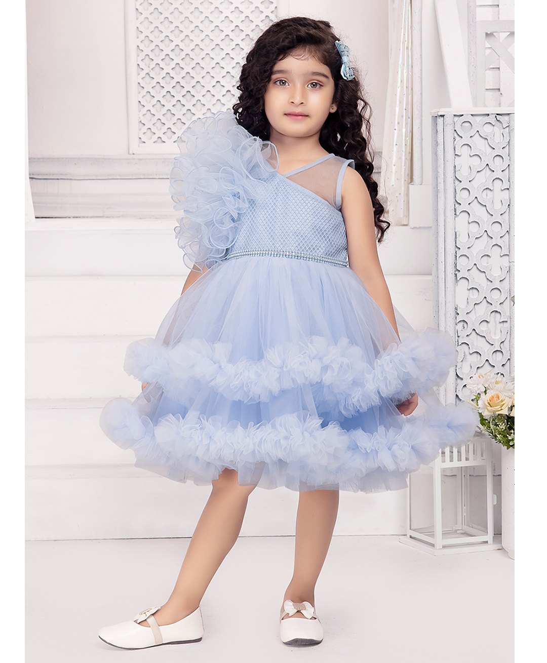 Ministitch Sleeveless Floral  Detailed & Shimmered Layered Dress - Blue-image-38