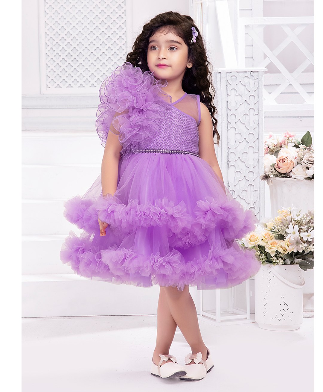 Ministitch Sleeveless Floral Detailed & Stone Embellished Layered Dress - Lavender-image-37