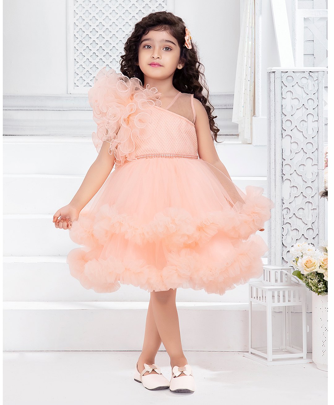 Ministitch Sleeveless Floral Detailed & Stone Embellished Layered Dress - Peach-image-29