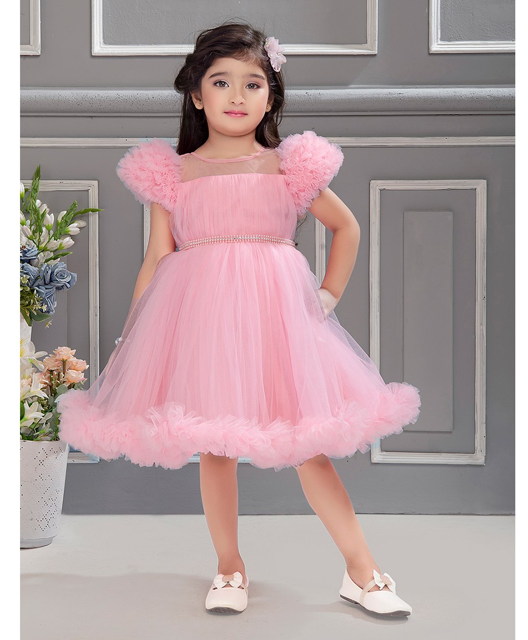 Ministitch Sleeveless Ruffle  Detailed & Stone Embellished Pleated Yoke Dress - Baby Pink-image-19