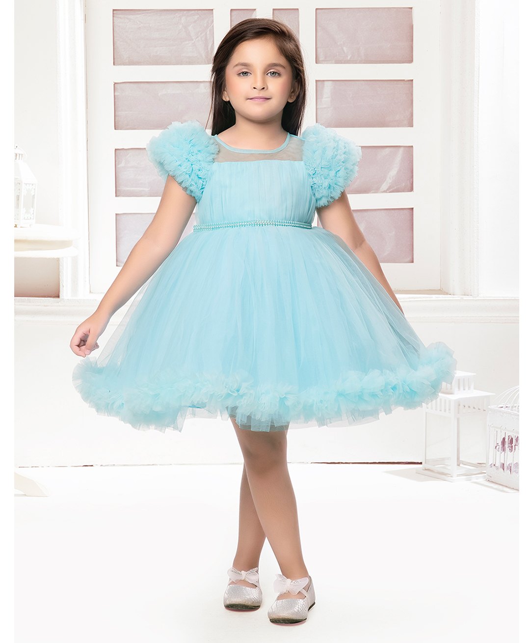 Ministitch Sleeveless Ruffle Detailed & Stone Embellished Pleated Yoke Dress - Blue-image-14