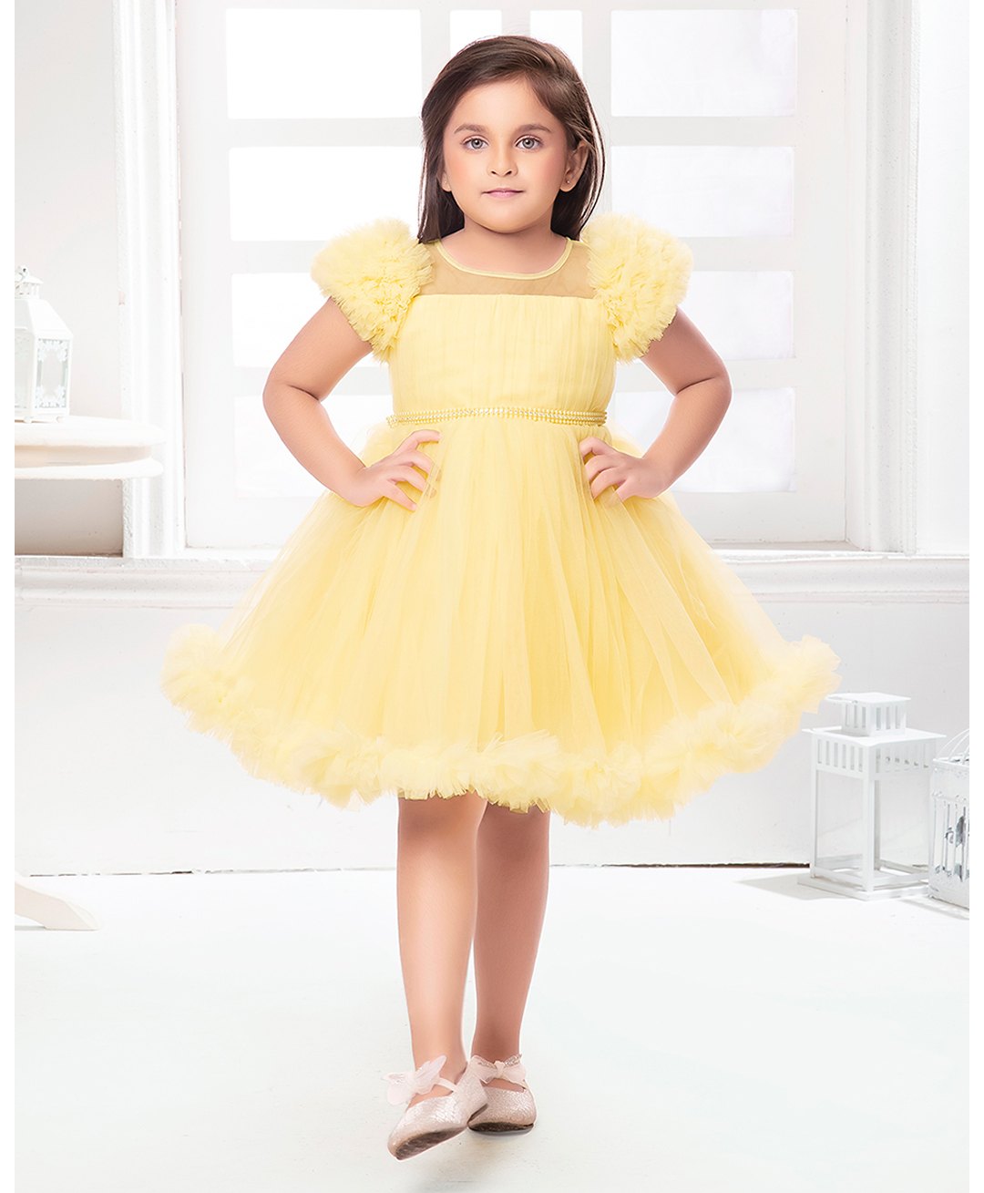 Ministitch Sleeveless Ruffle Detailed & Stone Embellished Pleated Yoke Dress  - Yellow-image-18