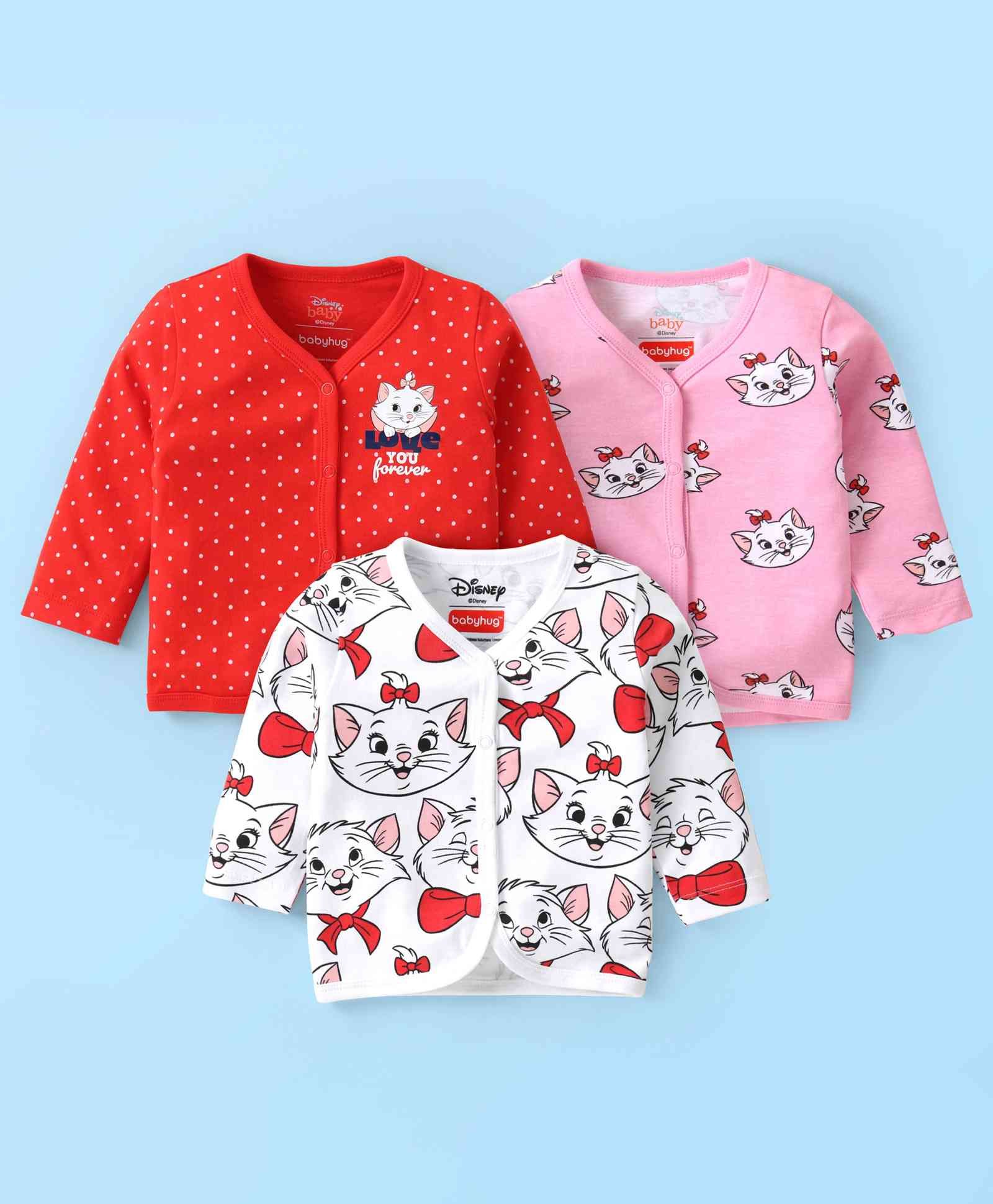 Babyhug Disney Interlock Knit Full Sleeve Jhablas with Marie Graphics & Polka Dot Print Pack of 3 - White Pink & Red-image-49