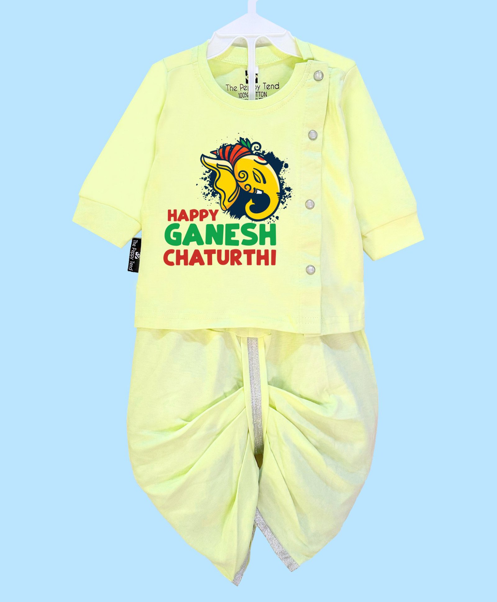 The Peppy Tend 100% Cotton Ganesh Chaturthi Theme Full Sleeves Happy Ganesh Chaturthi Text Printed Dhoti Kurta Set - Yellow-picture-23