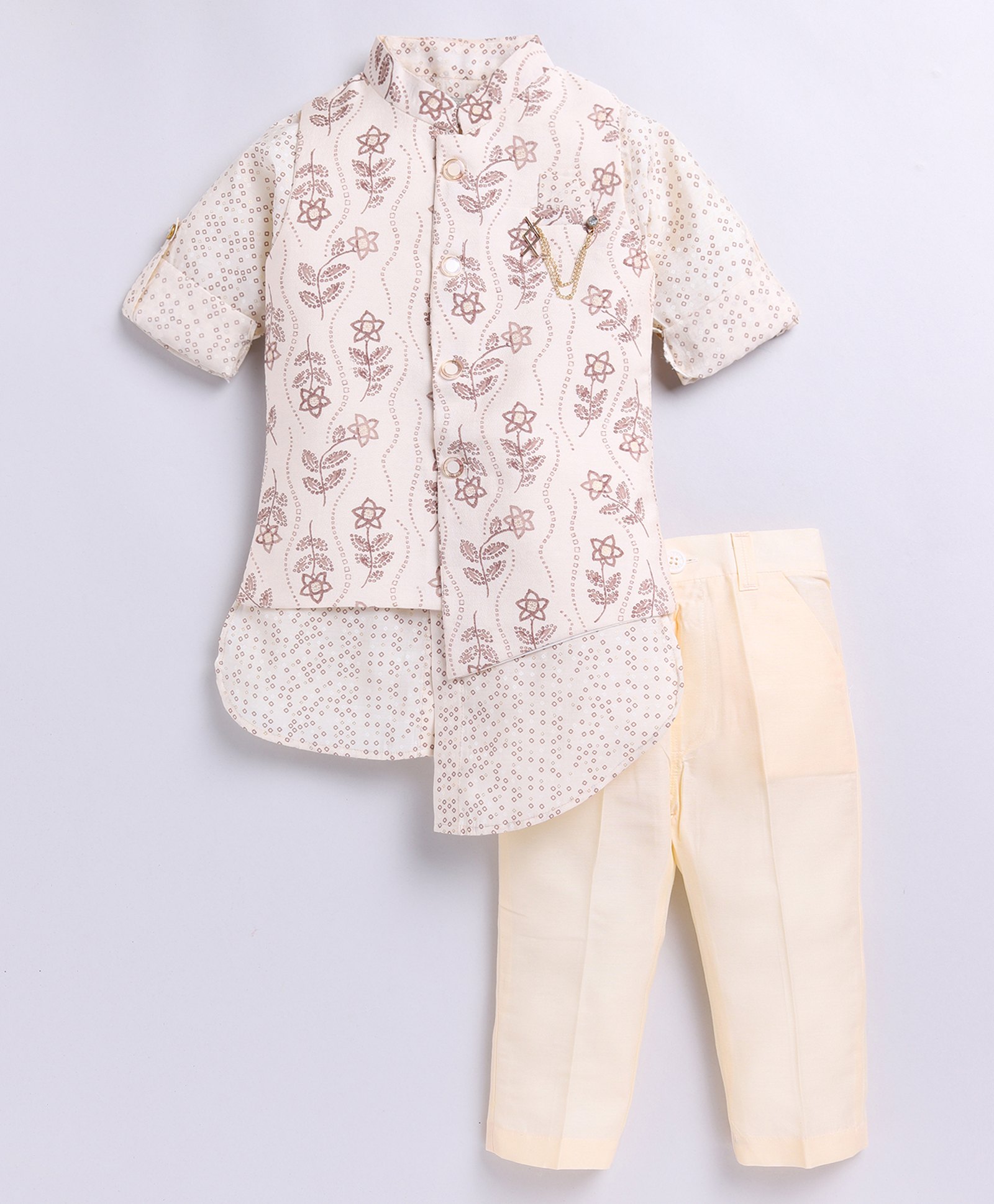 LITTLE COLLARS Full Sleeves Floral Printed Kurta Pyjama & Jacket Set - Cream-image-13