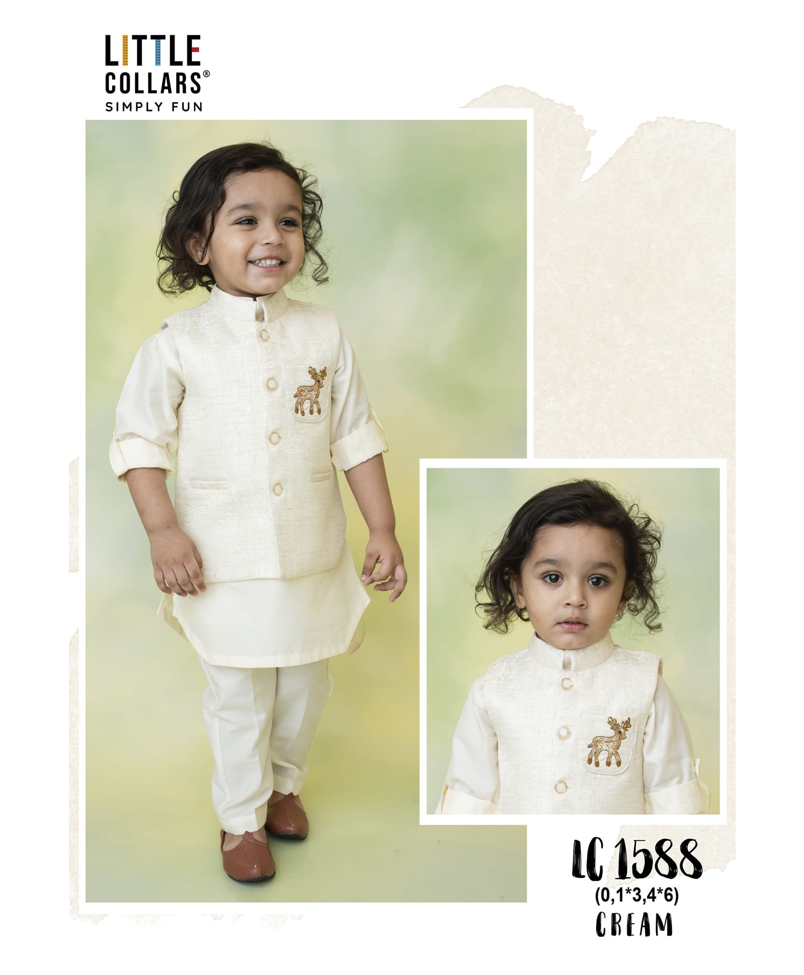 LITTLE COLLARS Full Sleeves Animal Embroidered Printed Kurta Pyjama & Jacket Set - Cream-picture-18