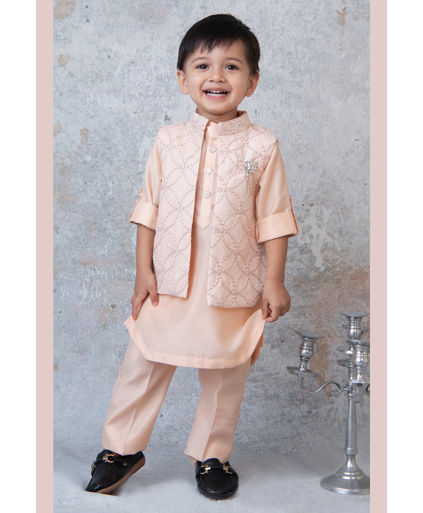 LITTLE COLLARS Silk Full Sleeves Floral Thread Work Embroidered Kurta Pyjama & Jacket Set -  Peach-image-1