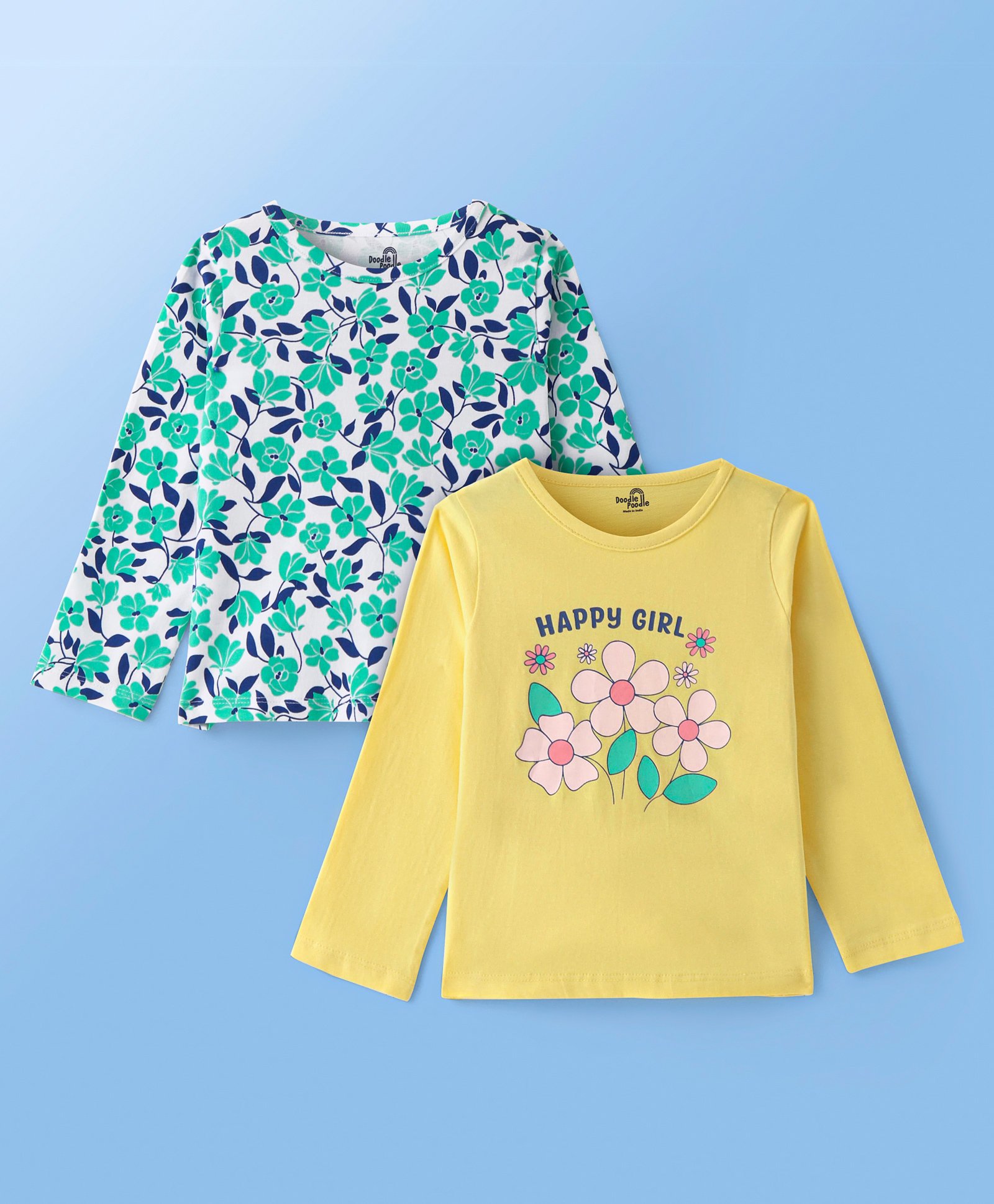 Doodle Poodle 100% Cotton Full Sleeves T-Shirts With Floral Print Pack Of 2 - Yellow White & Blue-picture-43