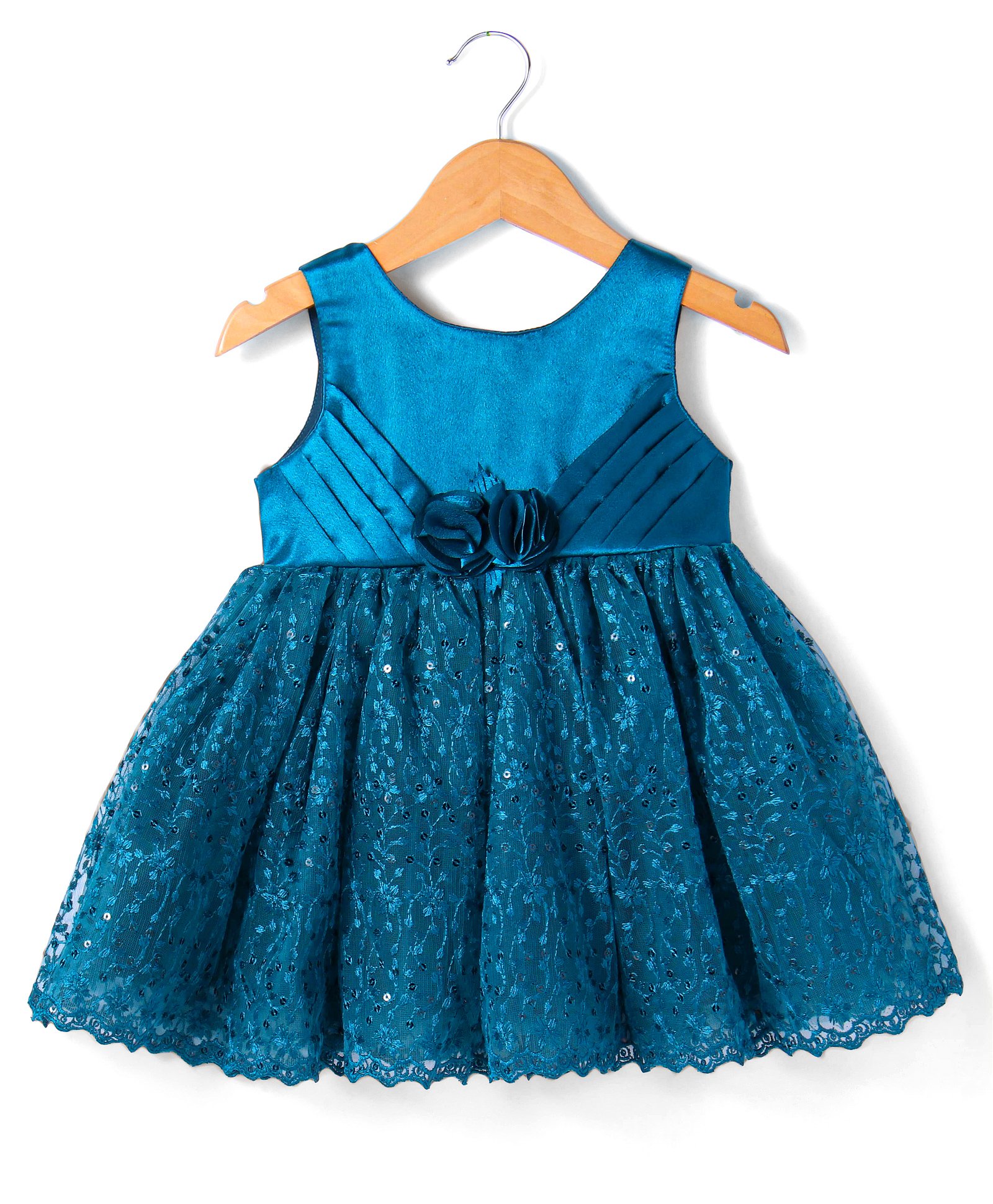 Babyhug Woven SleevelessSequined Embroidered Party Frock with Pleats & Floral Detailing - Teal Blue-image-16